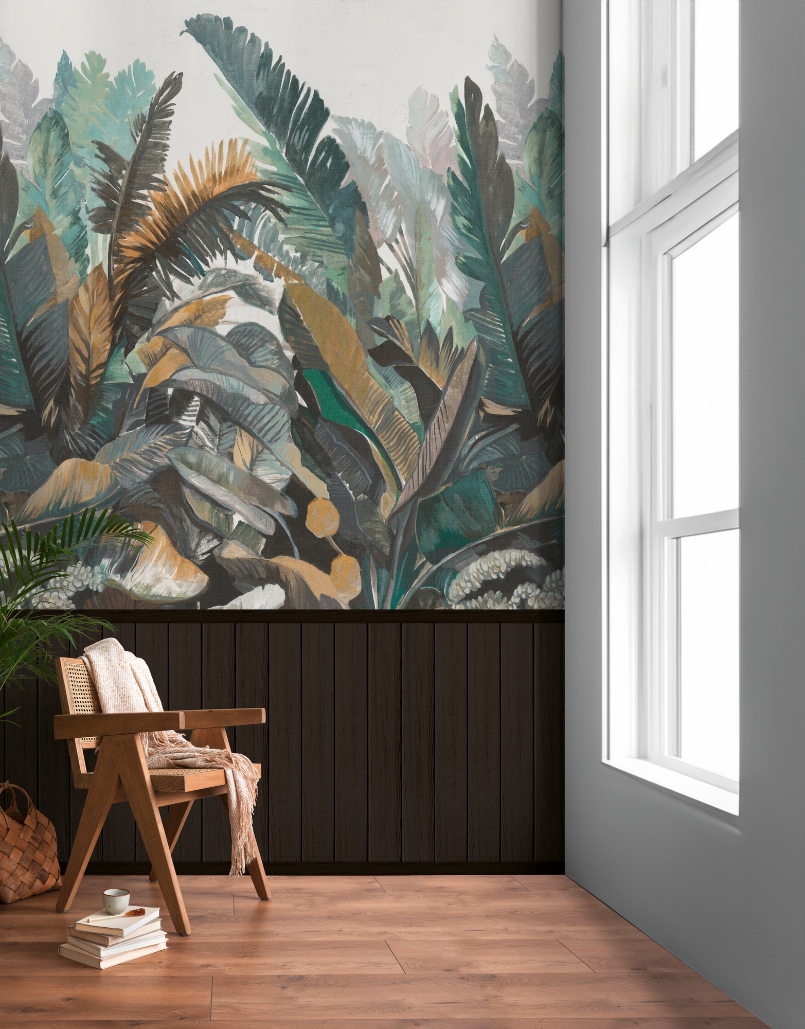 living walls Fototapete »Wallpanel Tapete Wandpaneele Motivtapete Dschungel Landhaus« matt strukturiert Vliestapete Blätter für Schlafzimmer Küche Wohnzimmer Wandpaneele Flur