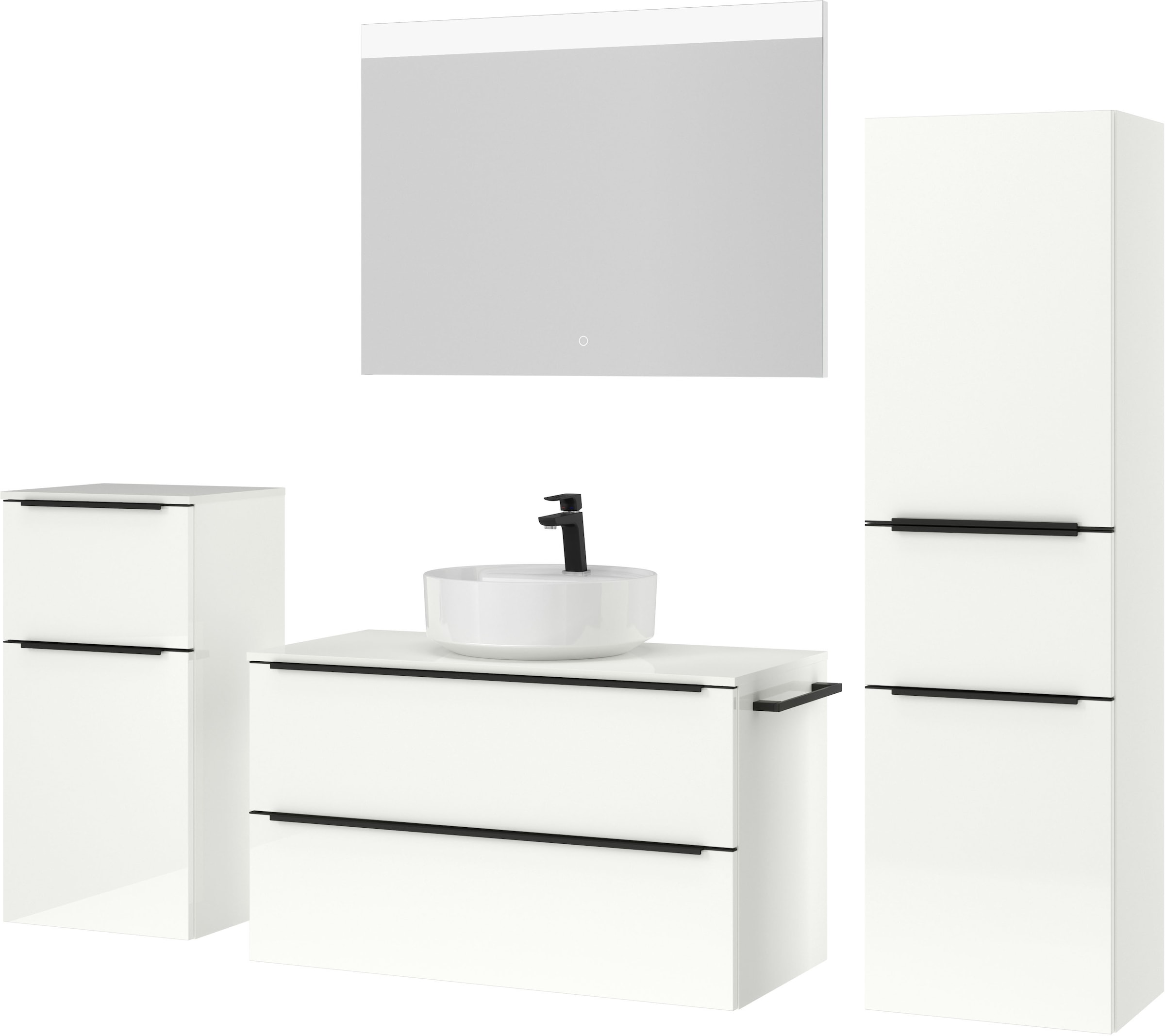 nobilia® Badmöbel-Set »Alvene«, (4 St., vormontiert, mit Soft-Close), Hochglanz, inkl. Spiegel mit Touch-Sensor, in vier Breiten