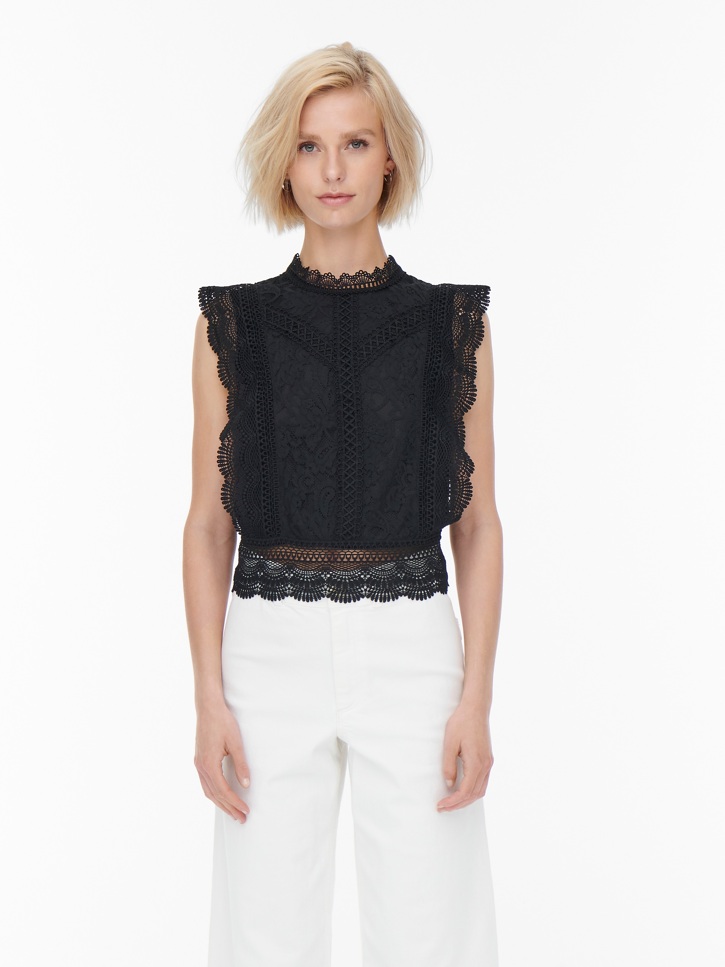 ONLY Spitzenshirt »ONLKARO – Spitzentop mit Stehkragen für elegante Looks« regular fit, feminin, Web, Materialmix, hochgeschlossen