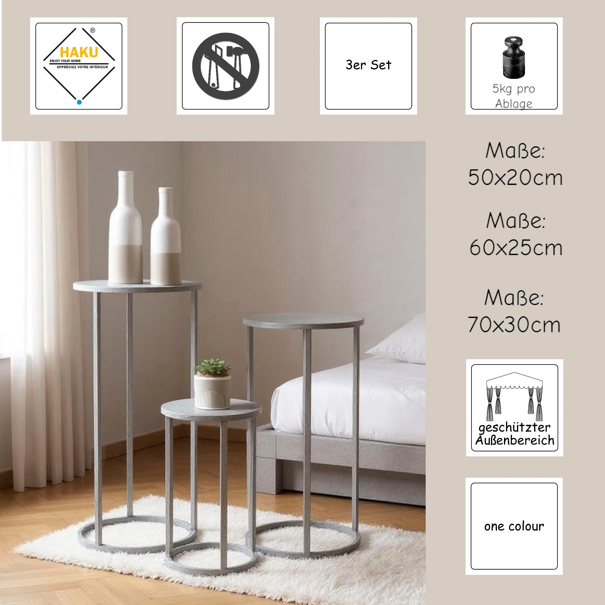 HAKU Blumentisch »Blumenpodest, Blumenständer, Pflanzsäule« Set, 3er Set, 3 Stk. tlg. rund - aus Metall Grau - Ø/H 20/50 und 25/60 und 30/70 cm