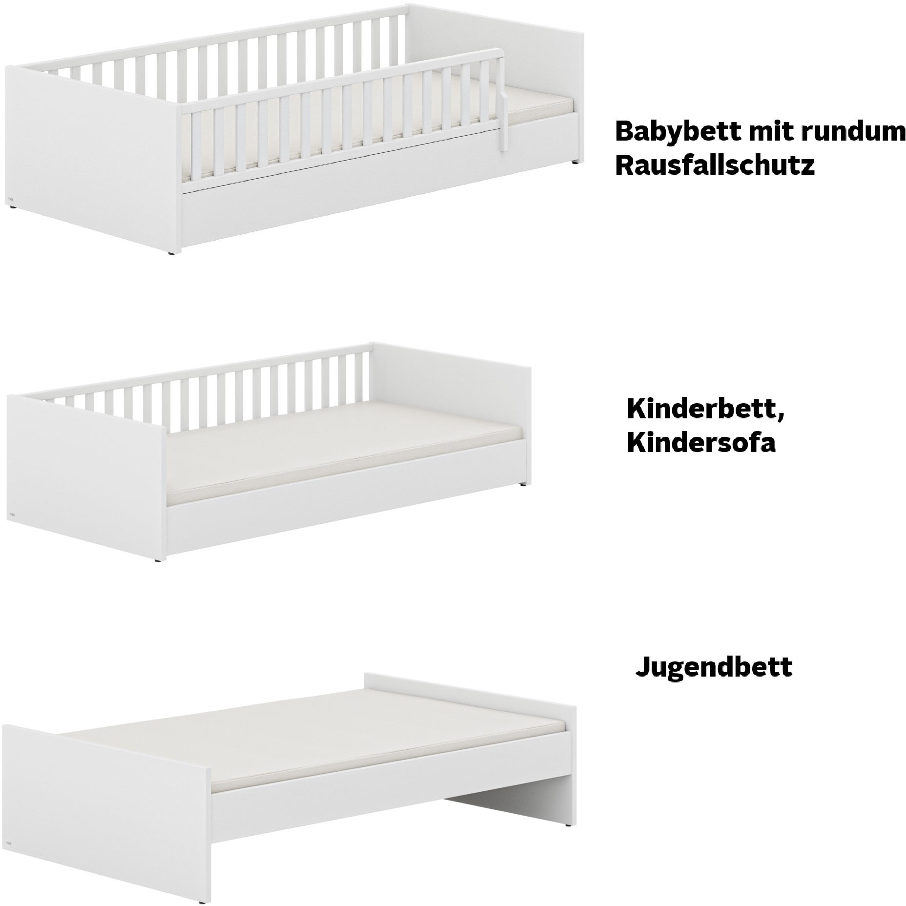 PAIDI Kinderbett »LITTLE FLO, vom Baby bis zum Teeni, in mehreren Farben und Breiten«, (Breite/Länge: 90x200cm + 120X200cm +140x200cm), umbaubar zum Kinder- oder Jugendbett, Bodenbett auch als Sofa nutzbar