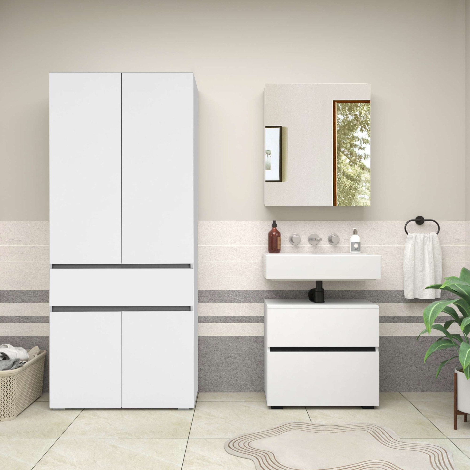 Home affaire Badmöbel-Set »Wisla«, (Set, 2 St.), Spiegelschrank, WBU mit Siphonausschnitt u. Push-to-open, Breite 60 cm