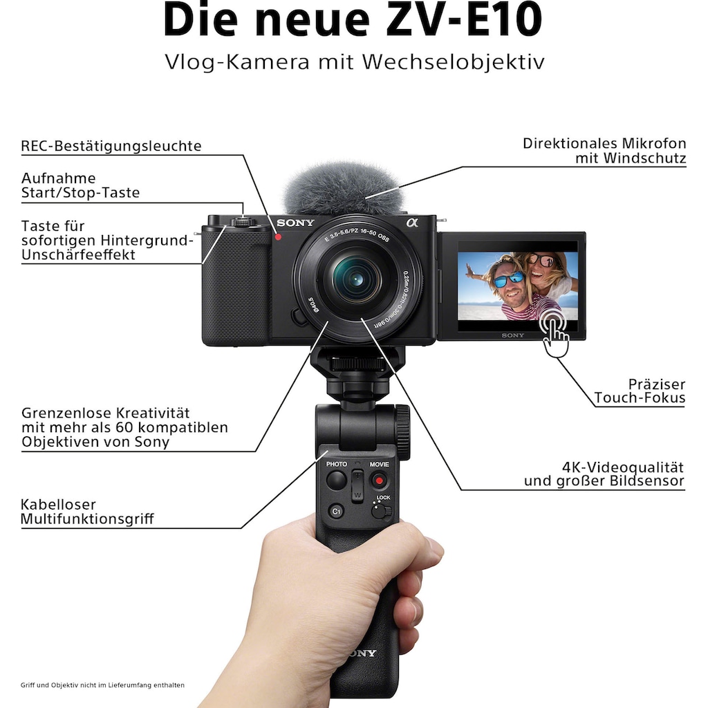 Sony Systemkamera »ZV-E10L«, E PZ 16 - 50 mm F3.5 - 5.6 OSS (SELP1650), 24,2 MP, Bluetooth-WLAN (WiFi), Vlog-Kamera mit schwenkbarem Display inkl. SEL16-50 Objektiv
