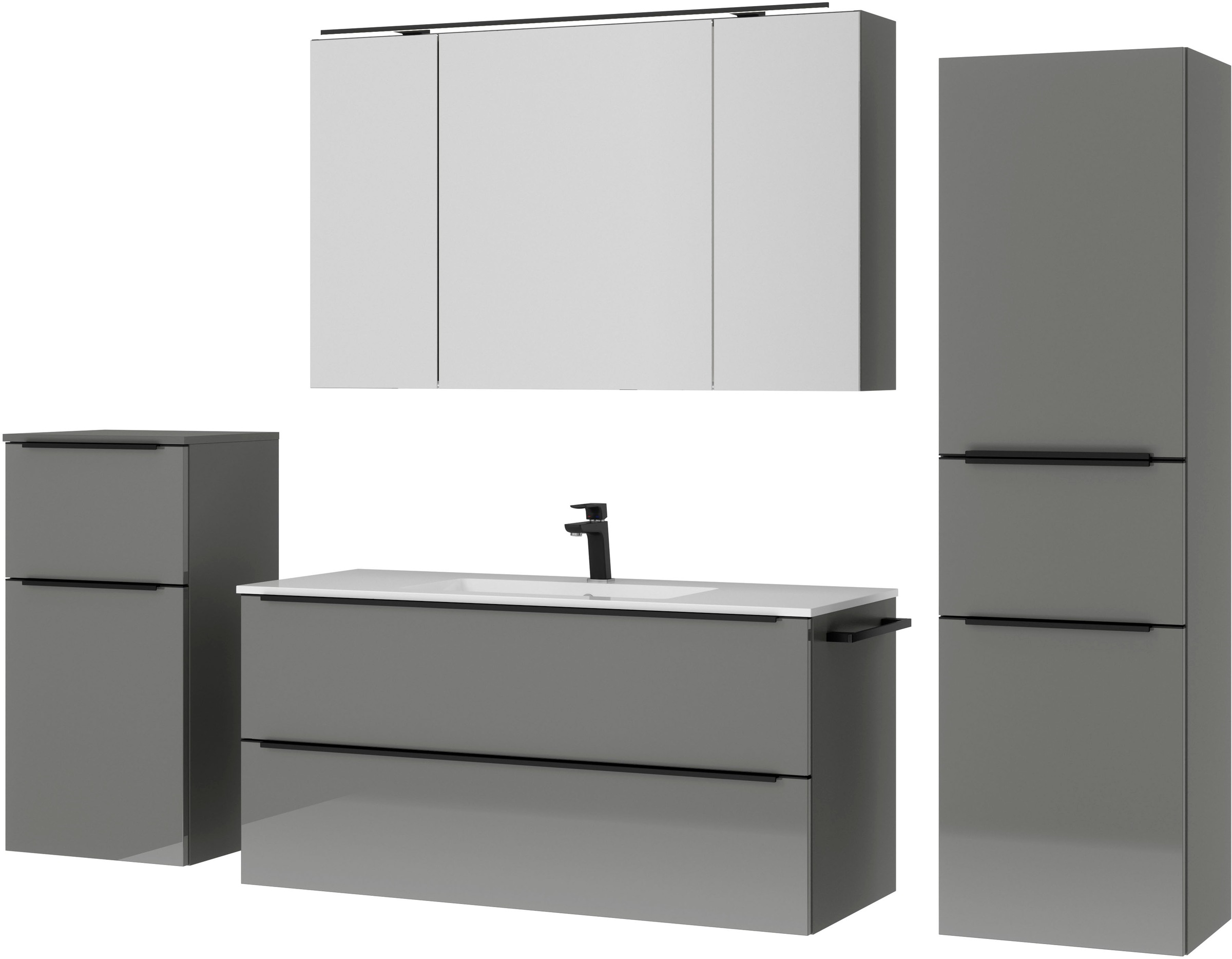nobilia® Badmöbel-Set »Levere«, (4 St., vormontiert, mit Soft-Close), inkl. Spiegelschrank mit Beleuchtung und Dimmerfunktion, in 4 Breiten