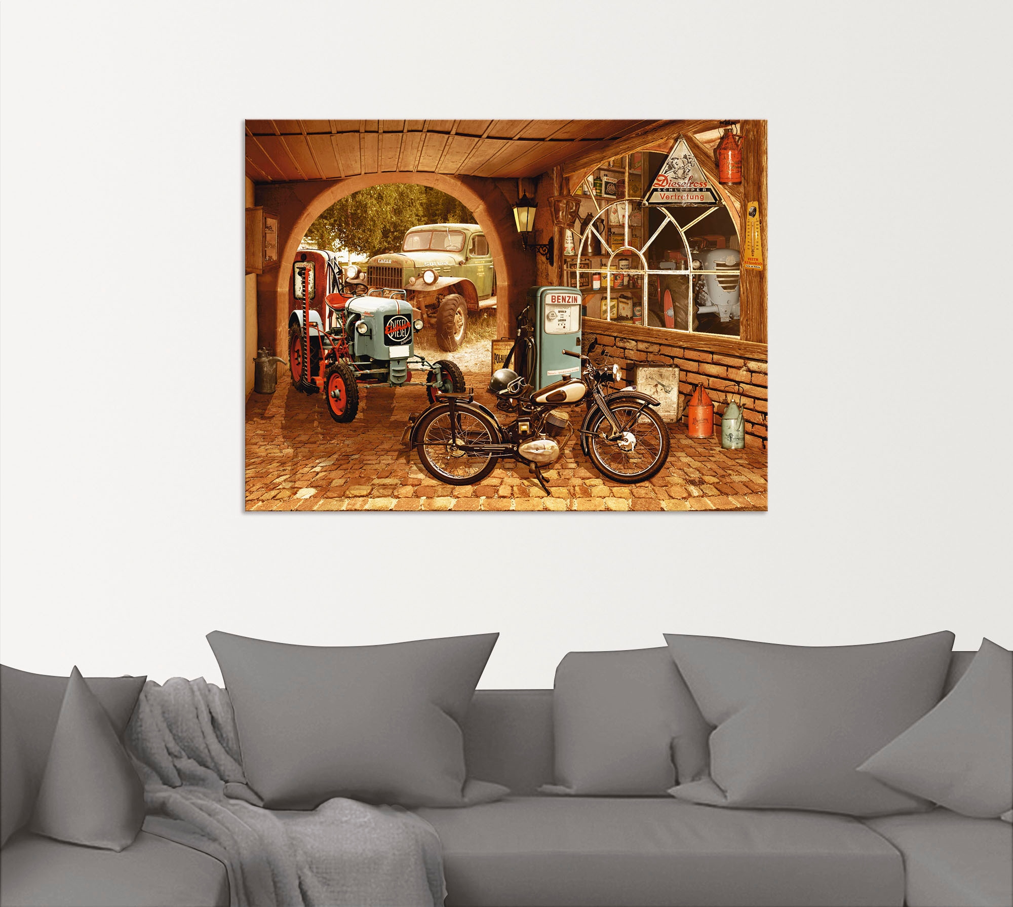 Artland Wandbild »Werkstatt mit Traktor und Motorrad«, Traktoren, (1 St.), als Alubild, Outdoorbild, Leinwandbild, Wandaufkleber, versch. Größen