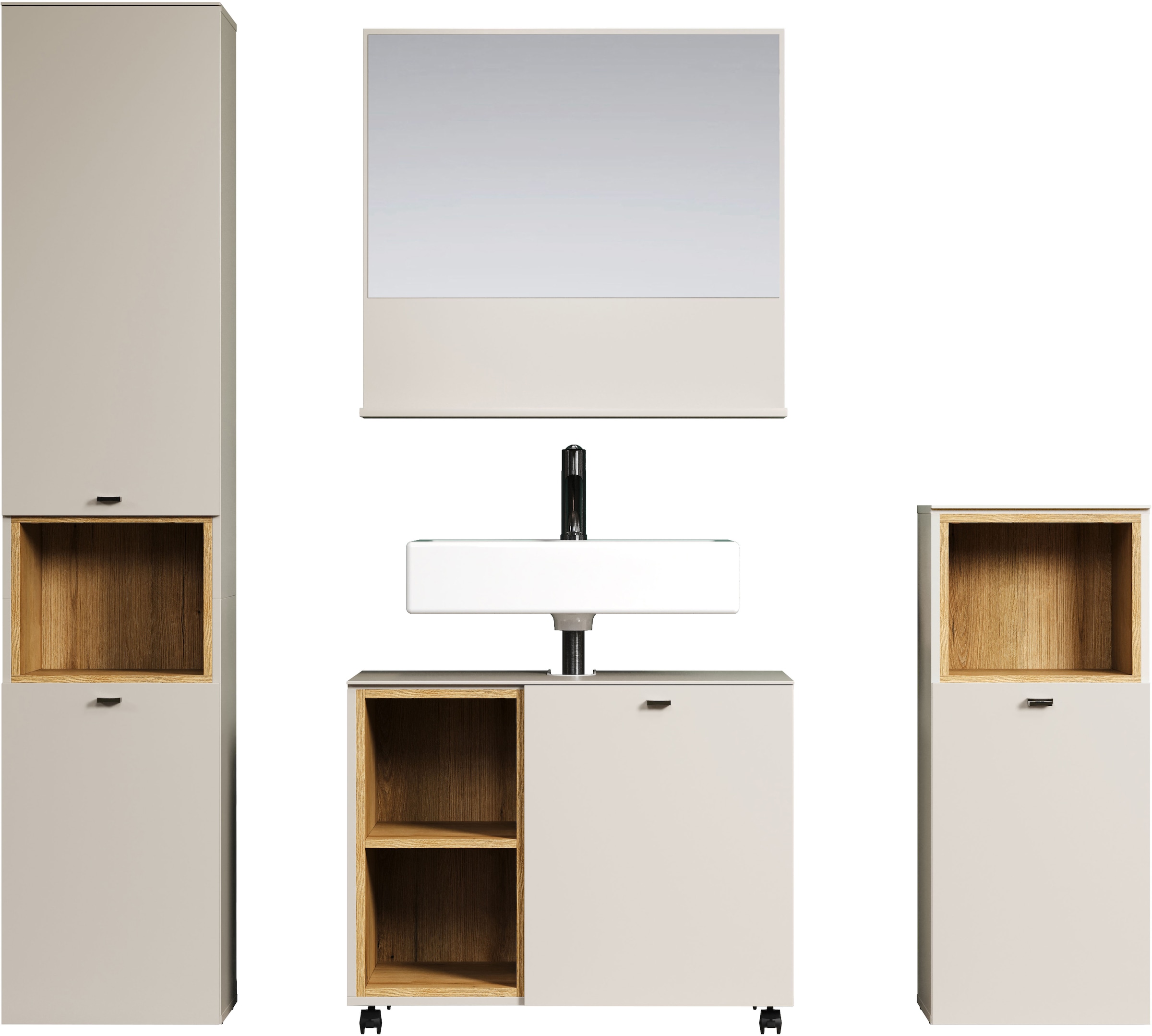 welltime Badmöbel-Set »San Pedro«, (Komplett-Set, 4 St.), Bestehend aus Hochschrank, Waschtisch, Wandspiegel und Unterschrank
