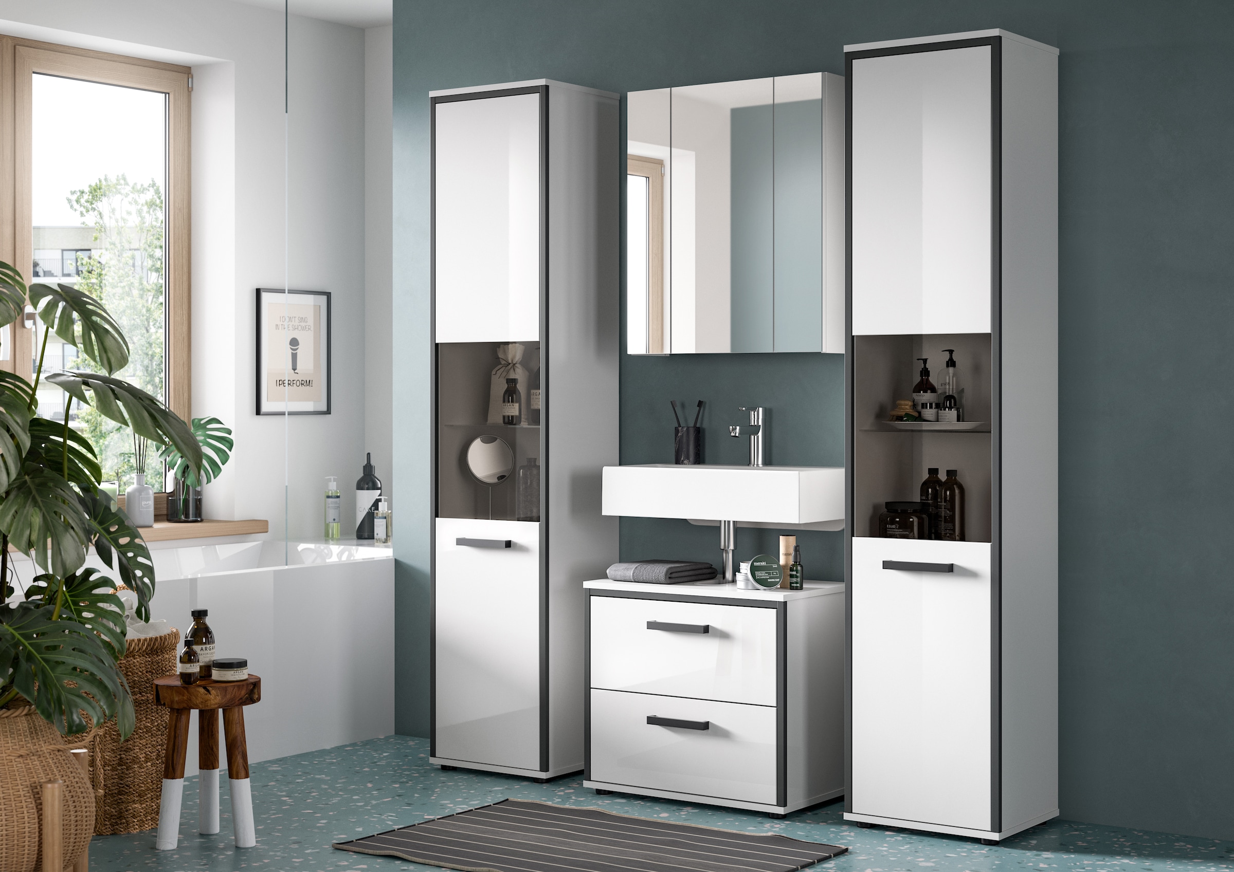 welltime Badmöbel-Set »KAJO, 4-tlg. Badkombination, weiß hochglanz« Set, Set, best. aus:2Hochschränken, 1 WBU, 1 Spiegelschrank, 4 Stk. tlg.