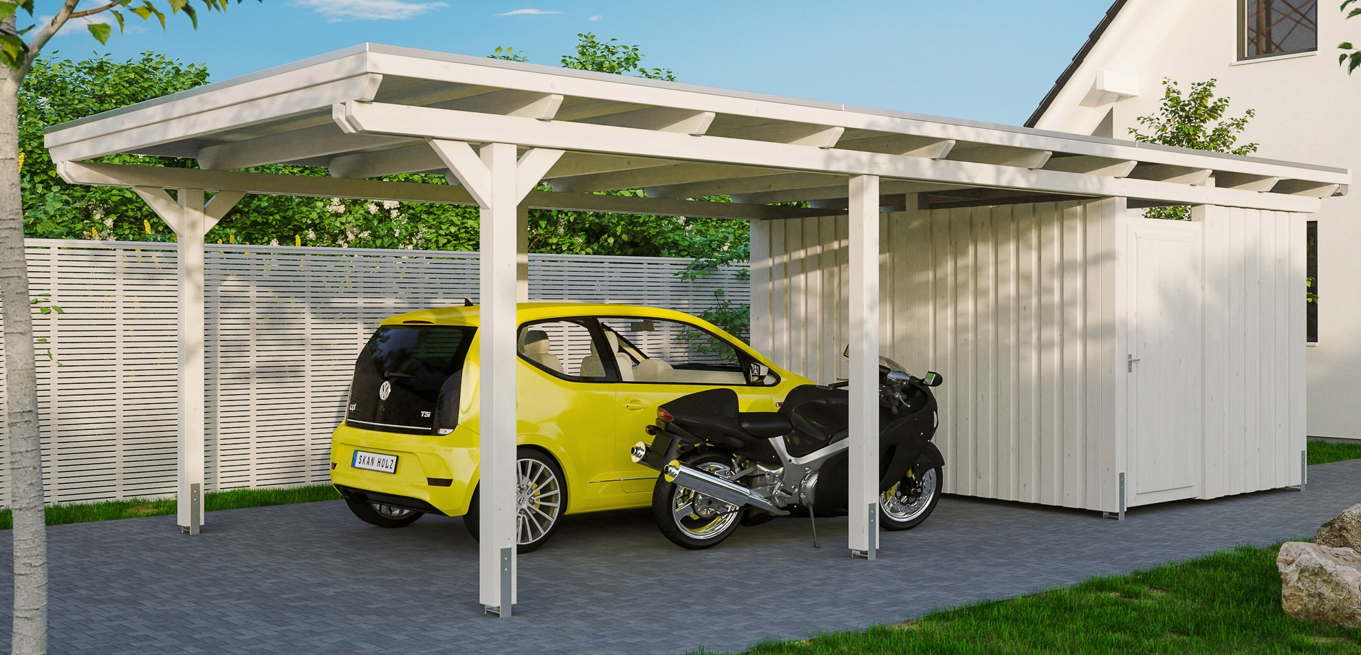 Skan Holz Einzelcarport Leimholz Weiß 404 cm x 846 cm mit Abstellraum günstig online kaufen