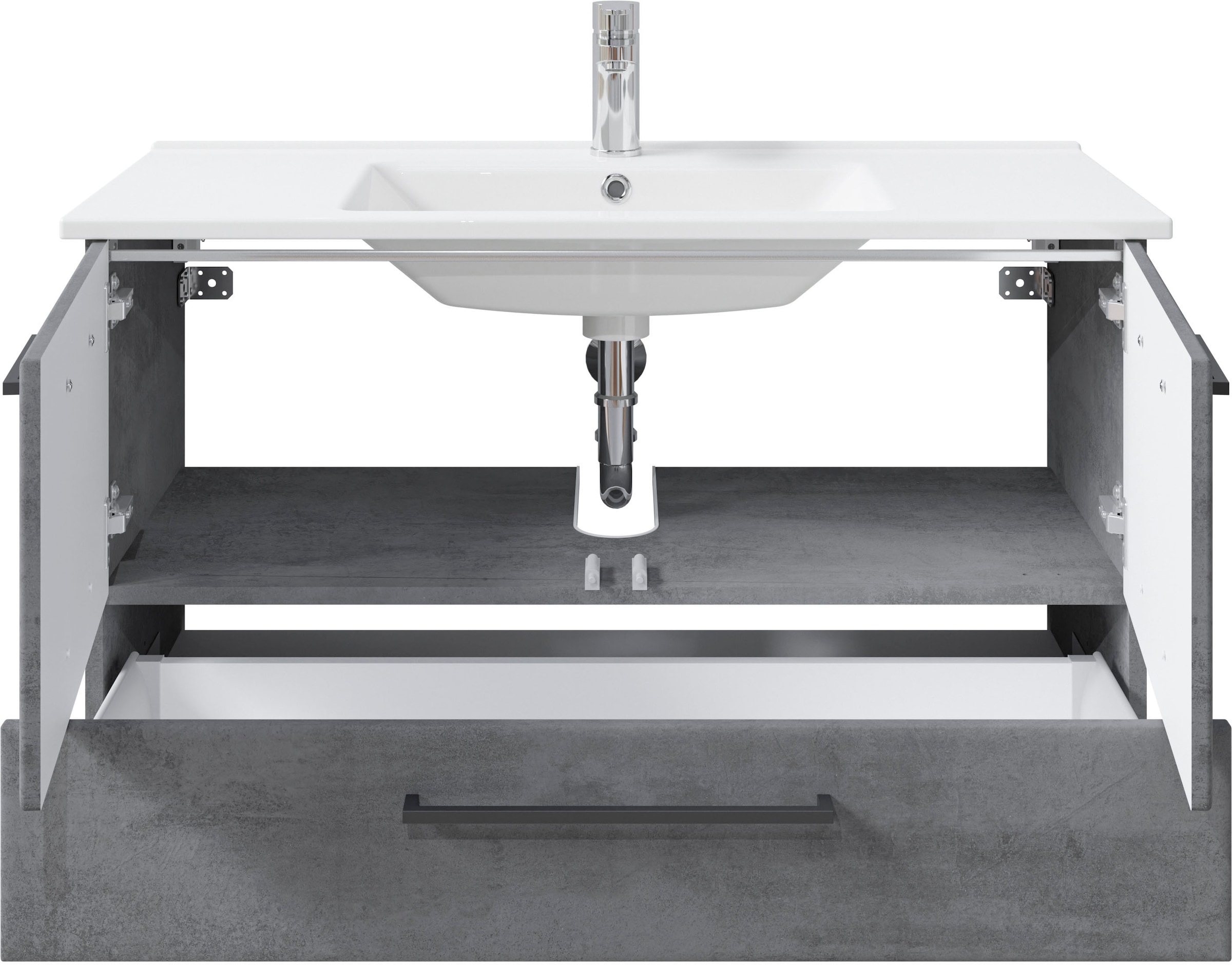 Saphir Badmöbel-Set »Quickset 945 3-teilig, Keramik-Waschtisch mit LED-Spiegelschrank«, (4 St.), Unterschrank, 6 Türen, 3 Schubladen, 8 Einlegeböden, inkl. Türdämpfer