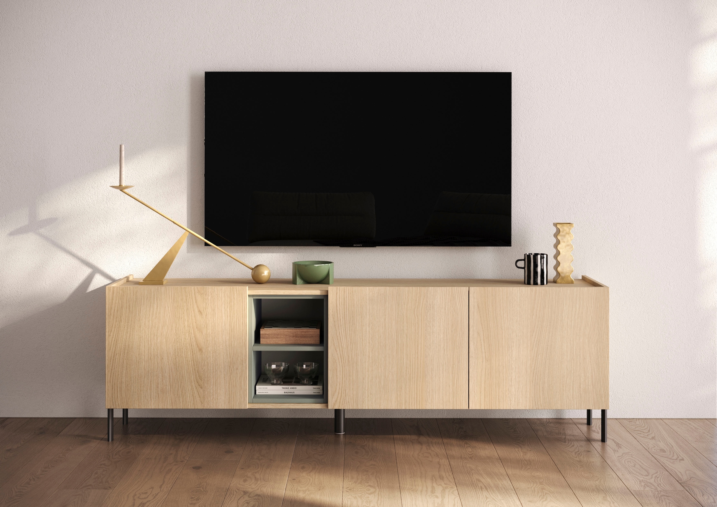 OTTO home Lowboard »Badia, 182 cm breit, 3 Türen, Mediaboard, TV-Schrank« Innenliegendes Top, gerade Metallfüße, salbeigrüne Farbakzente
