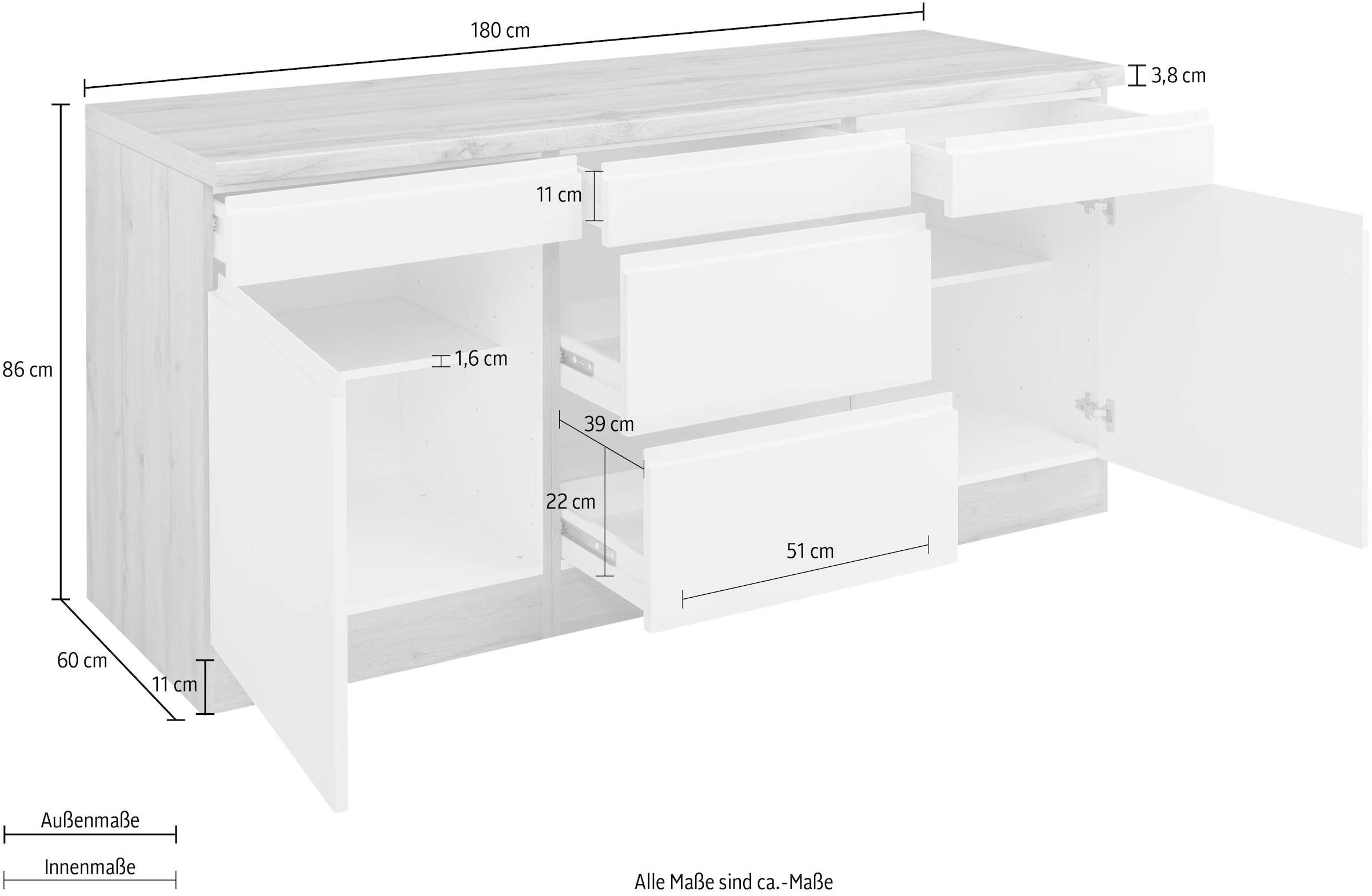 KOCHSTATION Unterschrank »KS-Bruneck« >>Bruneck<< 180 cm breit, für viel Stauraum, hochwertige MDF-Fronten