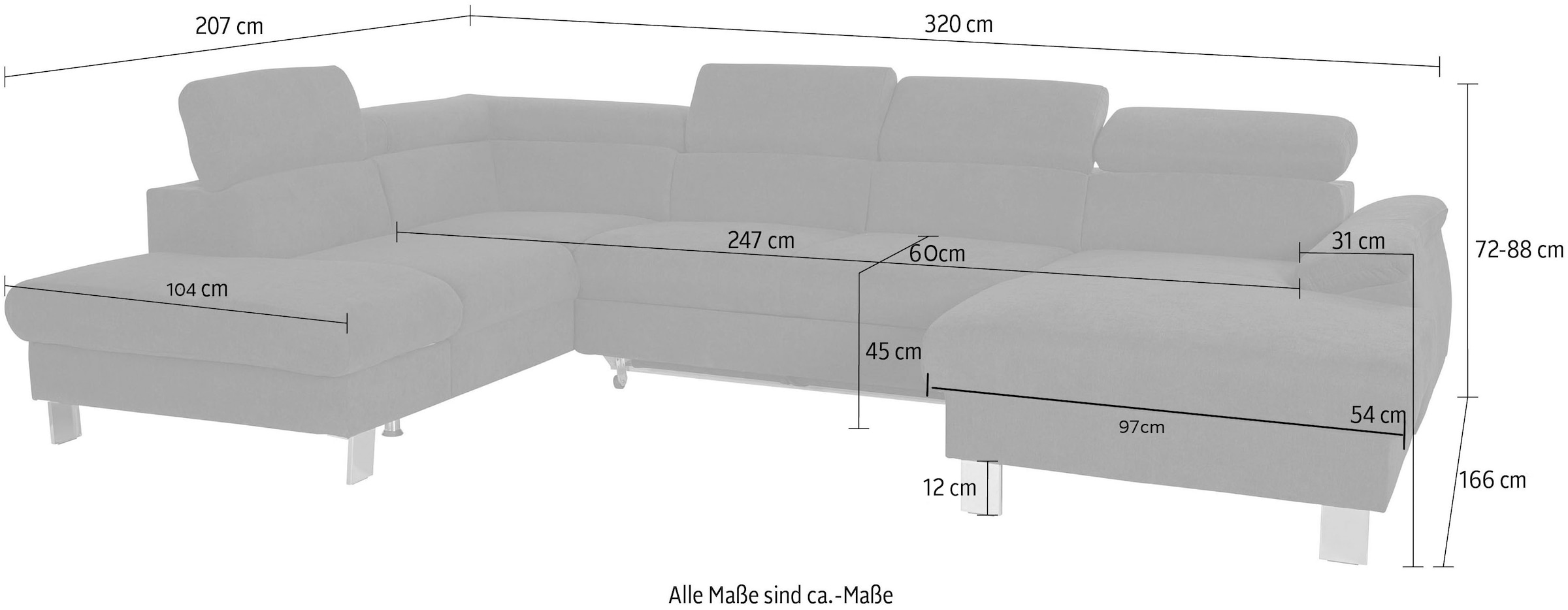 COTTA Wohnlandschaft »Komaris U-Form, in Echtleder Pampas Madras, B: 320 cm« mit Kopfteilverstellung, optional Schlaffunktion, Bettkasten & Licht
