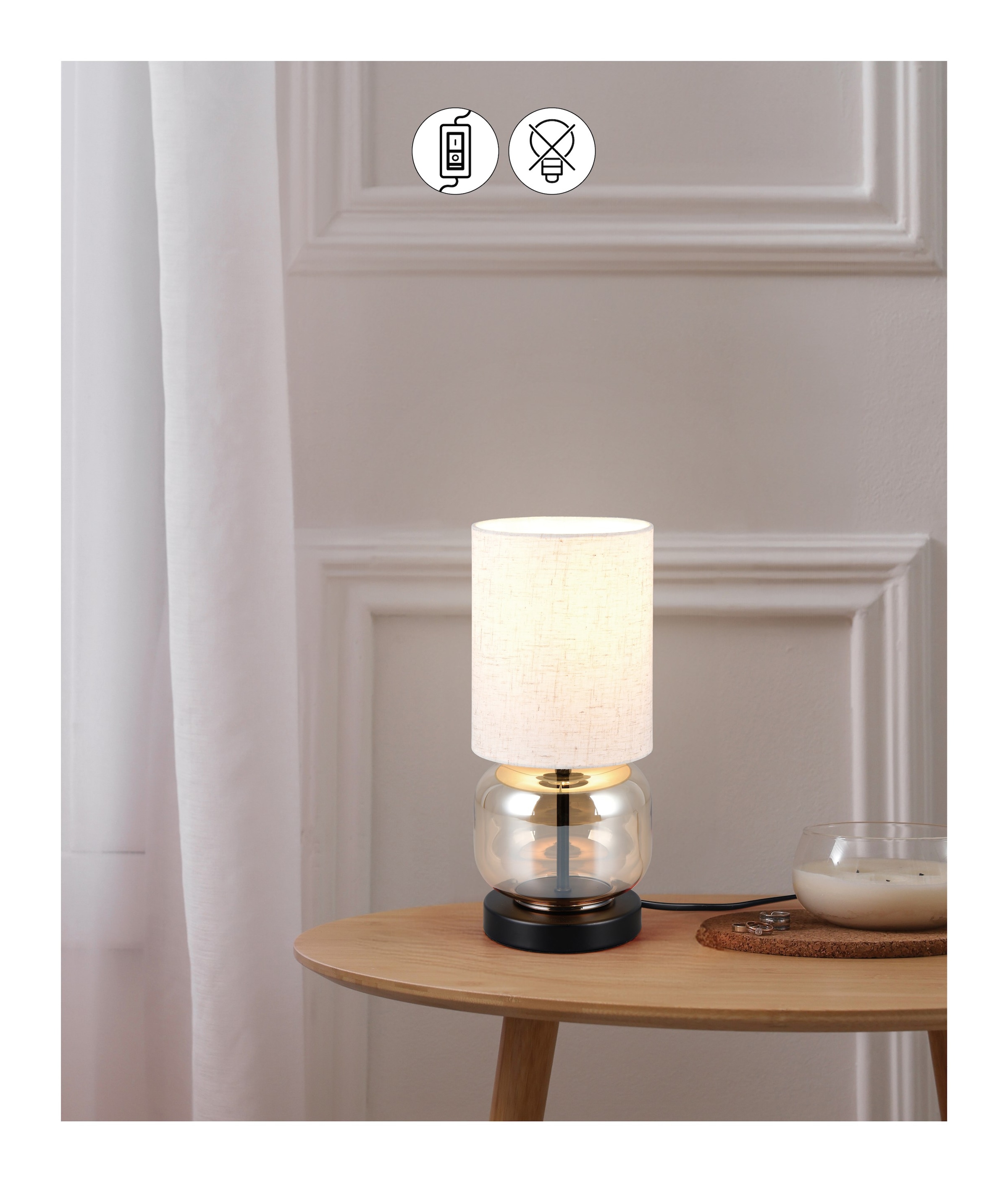my home Tischlampe »Ulrichstein, Tischlampe mit Glas und Stoffschirm exkl 1x E27 max 40W«, 1 flammig, Leuchtmittel E27 | Leuchtmittel wechselbar, Nachttischlampe Tischleuchte m. Schnurschalter Glas amber Schirm beige
