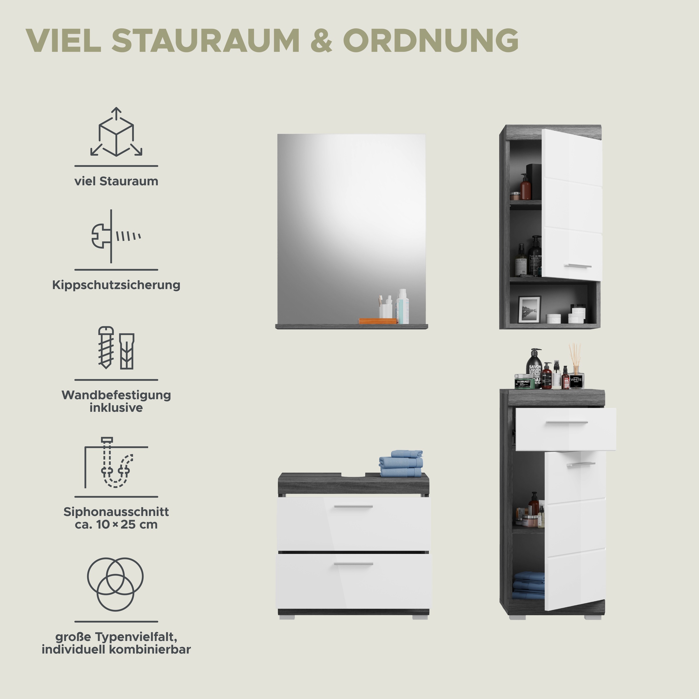 INOSIGN Badmöbel-Set »Siena, 4 teilig, bestehend aus:«, (Set, 3 St.), Waschbeckenunterschrank, Spiegel, Unterschrank, Hängeschrank