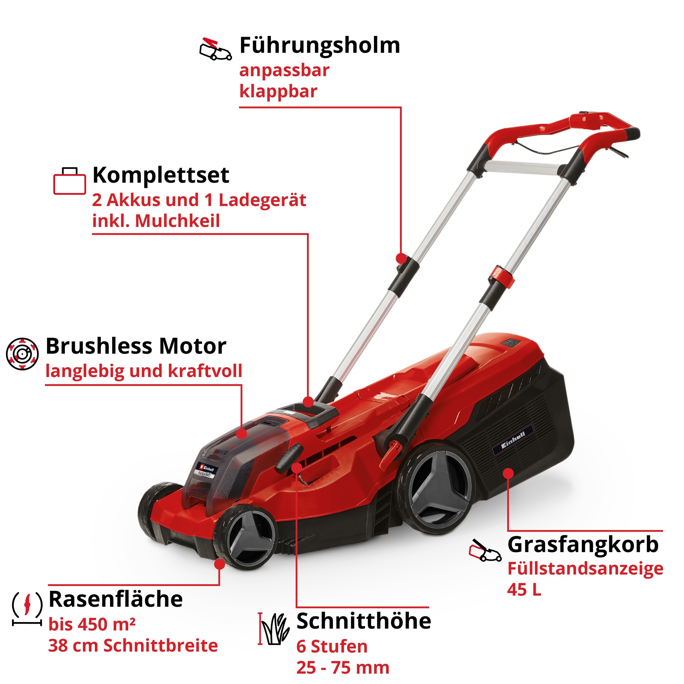Einhell Akkurasenmäher »RASARRO 36/38 (2x4 Ah)« mit 2 Akkus und Twincharger