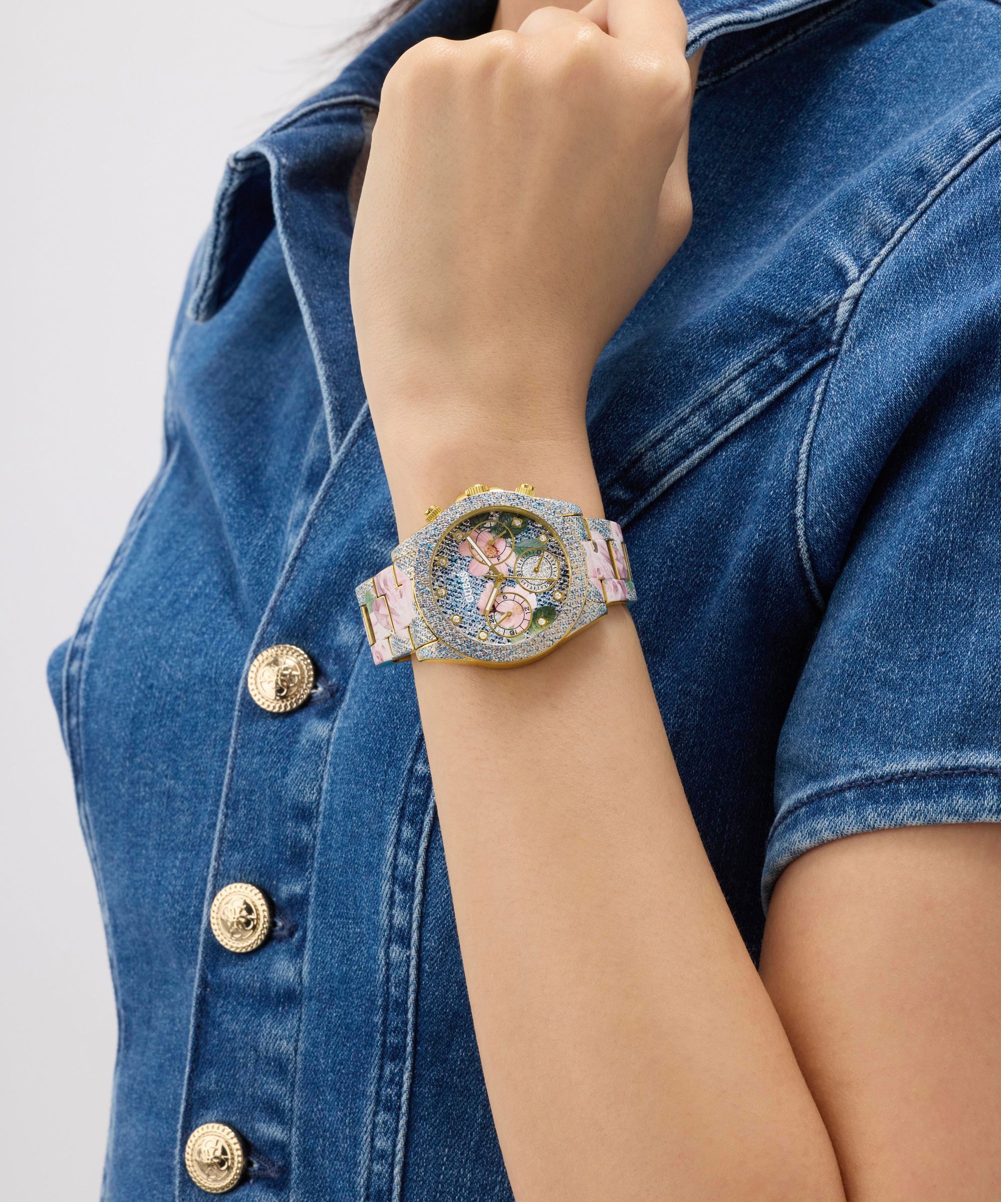 Guess Multifunktionsuhr »ROSALIE« Quarzuhr, Armbanduhr, Damenuhr, Edelstahlarmband, analog, Wochentag
