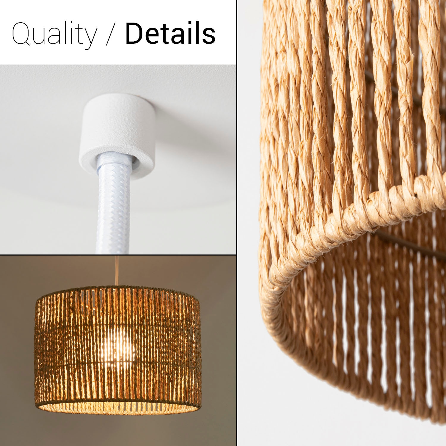 Paco Home Pendelleuchte »Hugo Buena«, Leuchtmittel E27 | ohne Leuchtmittel, Wohnzimmer Esszimmer Rattan Optik Boho Lampenschirm Papier