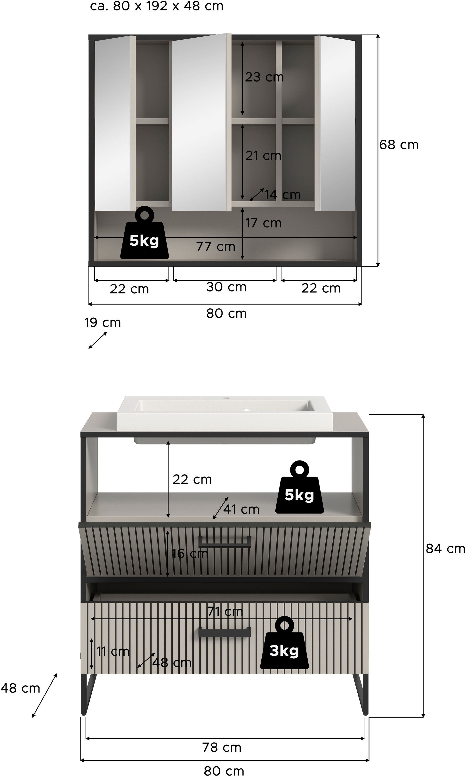 welltime Badmöbel-Set »Locri, Breite 80 cm, Rillenoptik, Metallkufen«, (2 St.), best. aus: Spiegelschrank, Waschtisch