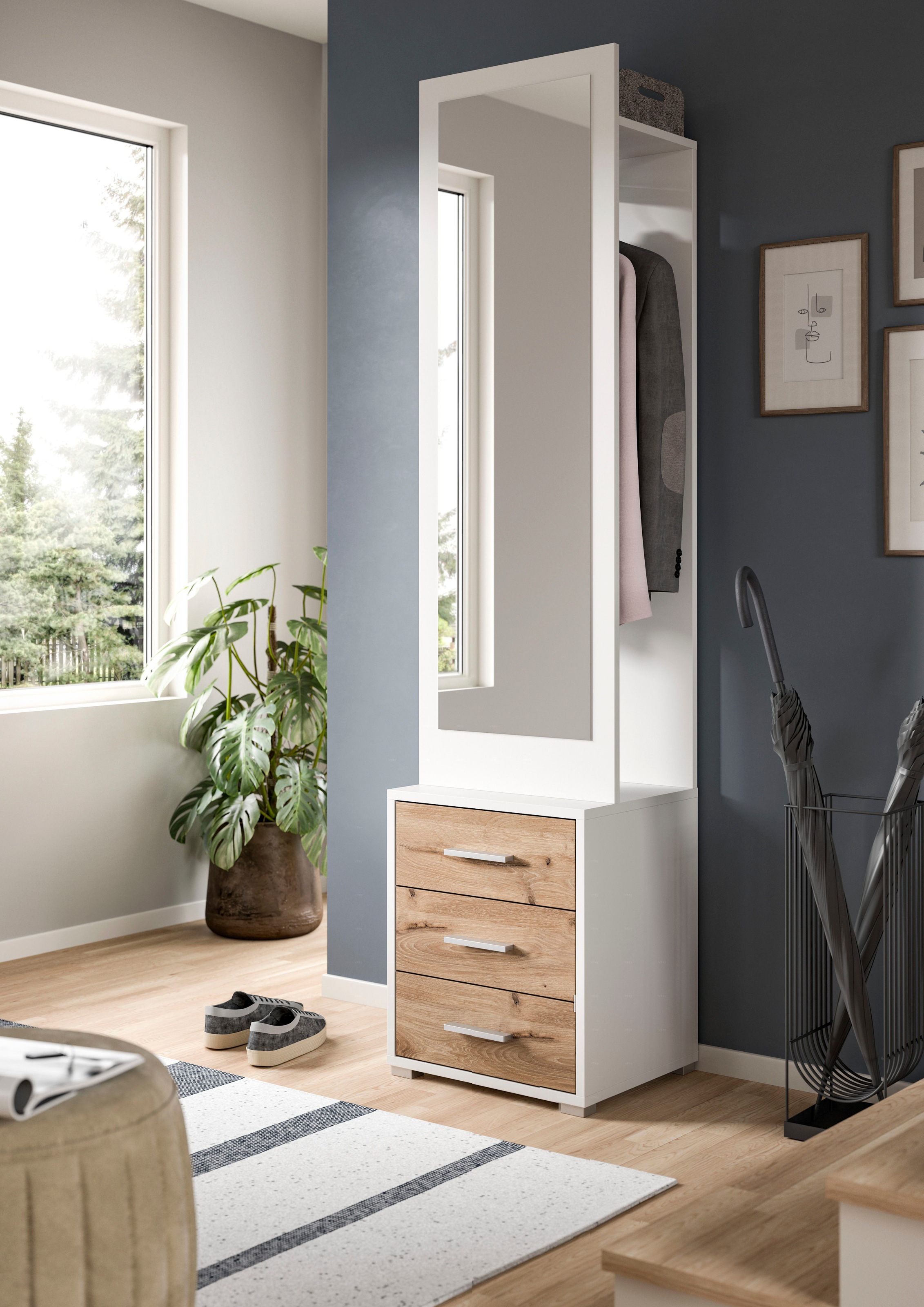 INOSIGN Kompaktgarderobe »Morrea, Höhe 190 cm, 3 Schubkästen, 3 Haken, 1 Kleiderstange«, (1 St.), schmale Garaderobe, Stauraum, Flur, Diele