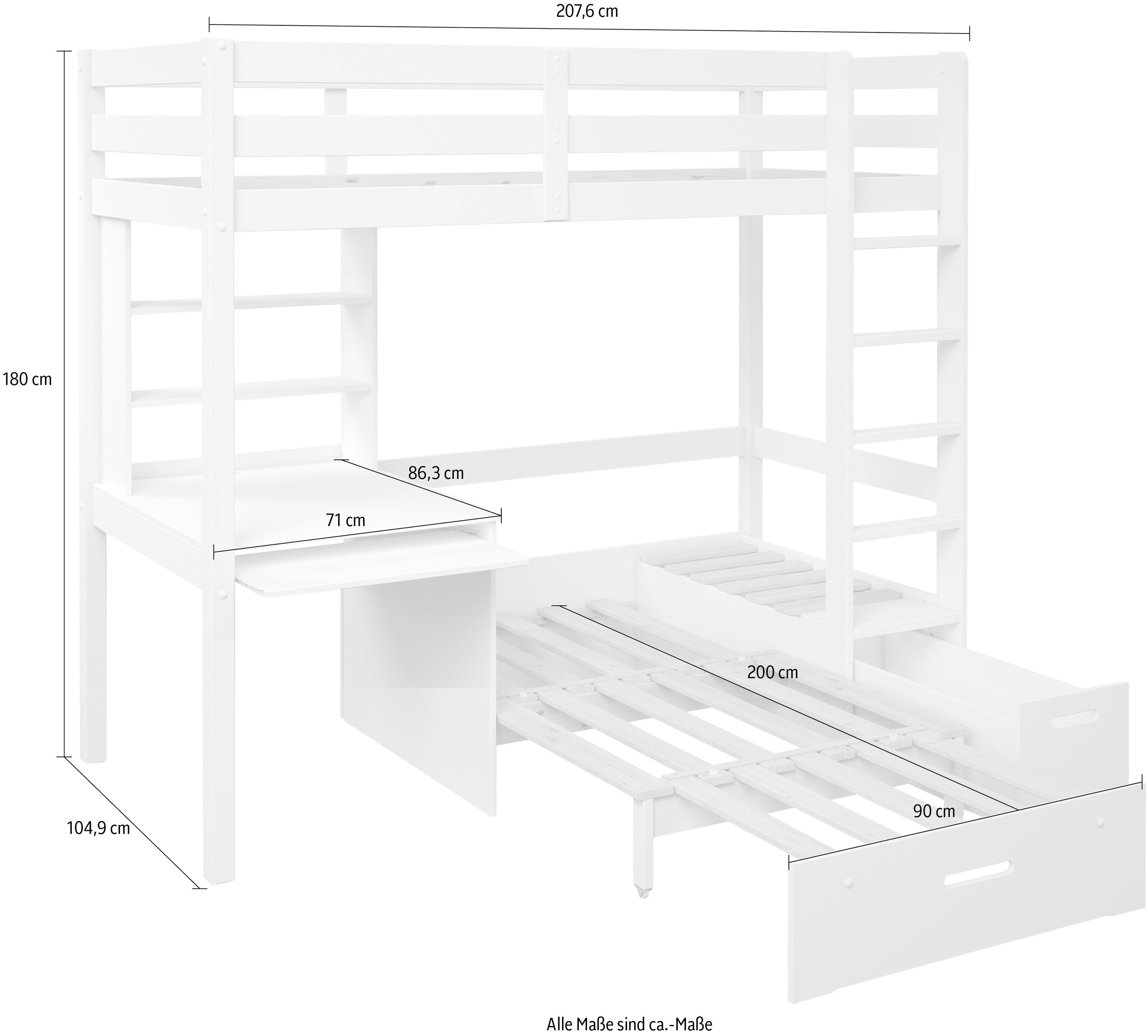 Lüttenhütt Etagenbett »Stockbett, Doppelstockbett "HENNE " zertifiziertes Massivholz«, mit Schreibtisch, Regale, ausziehbarem Sessel,OHNE MATRATZEN/AUFLAGEN!