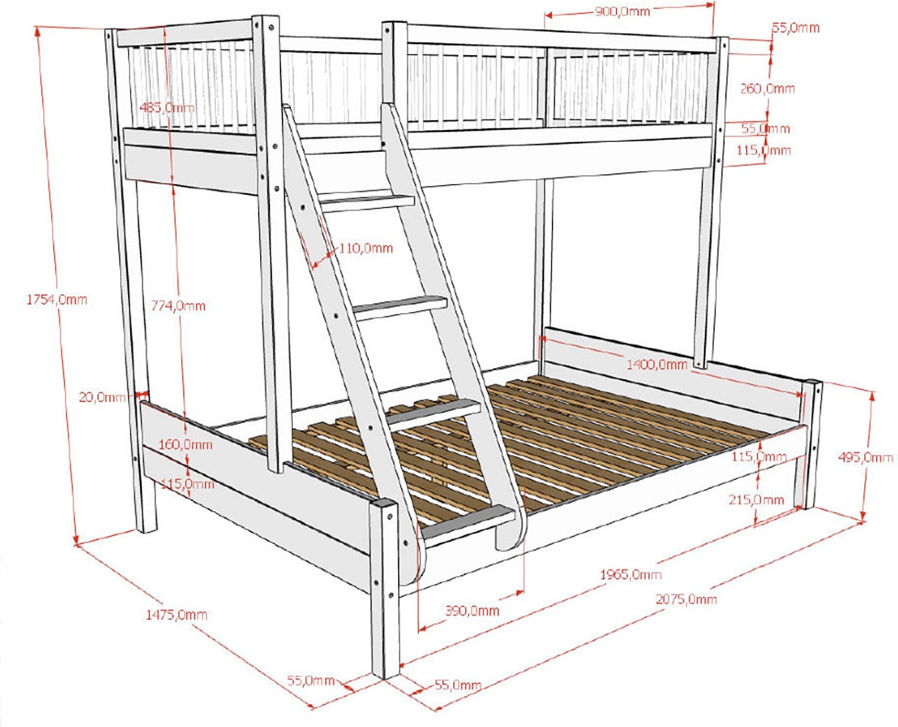 Vipack Etagenbett »Forrest Massivholzbett Made in Europe, stabil und hochwertig gebaut« Liegefläche 90/140x200 cm, mit Leiter, Rolllattenrost,  mit Absturzschutz oben in Sprossenoptik, Buche weiß lackiert
