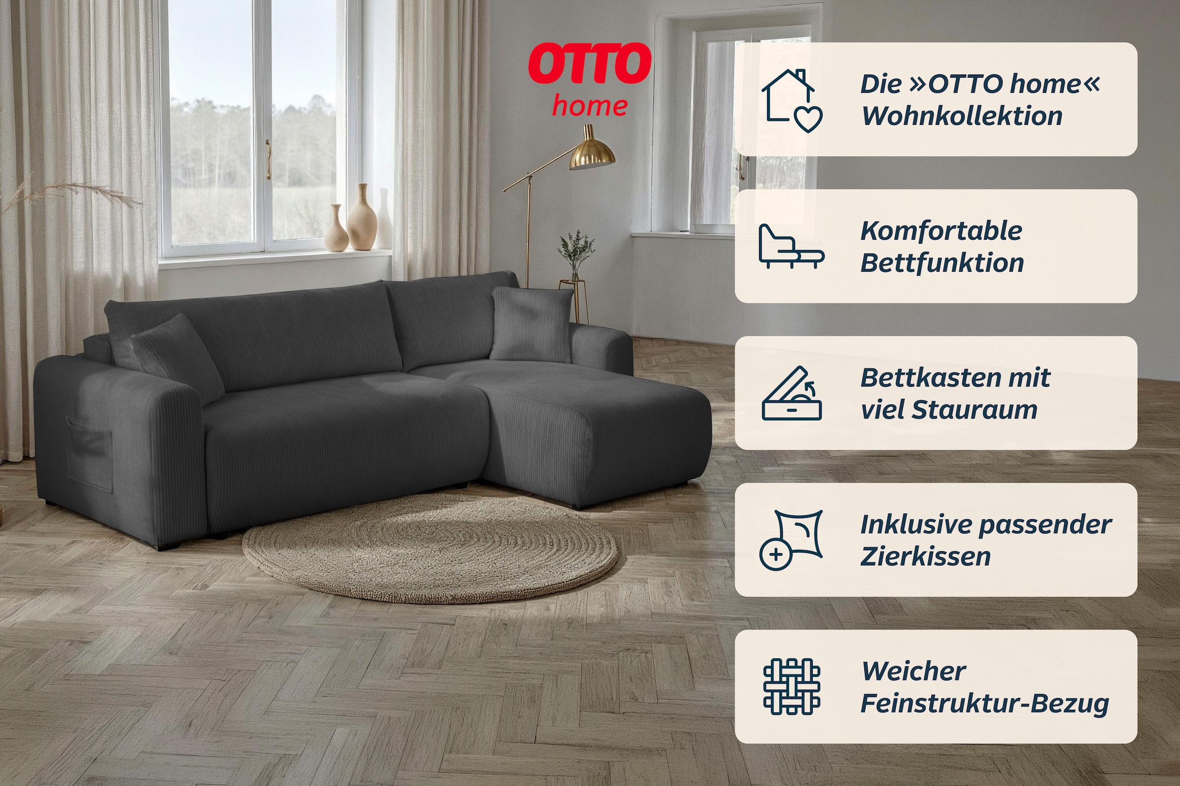 OTTO home Ecksofa »JONAA  L-Form, 241cm. inkl. Schlaffunktion, weicher Cordstoff« Tonnentaschen-Federkern, Bettkasten, Schlafsofa (133/200)