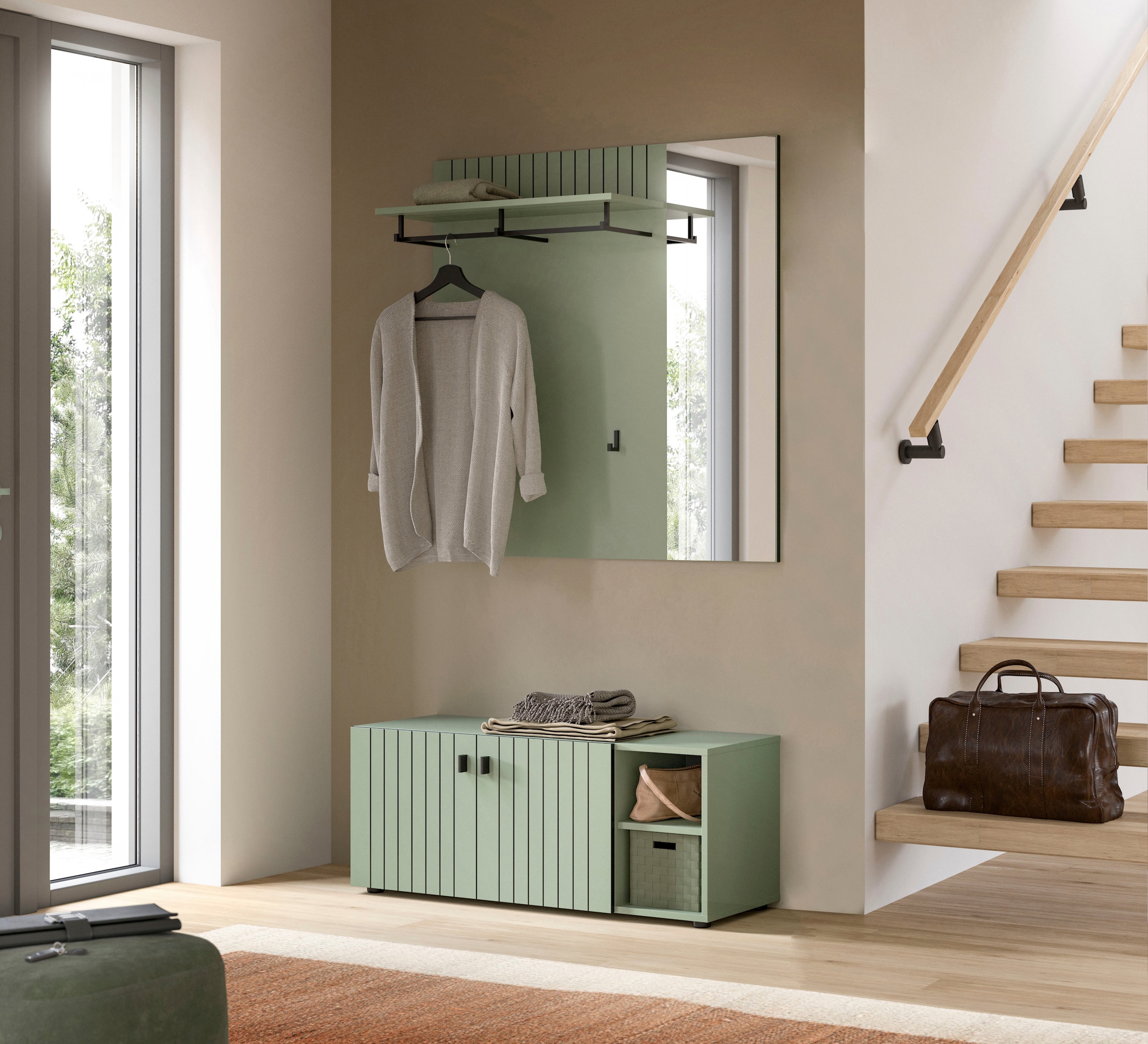 INOSIGN Sitzbank »TATIO, 106x43x37 cm, 2 Türen, 2 offene Fächer« Sitzbank und Sitzkissen,  Garderobensitzbank, Sitzbank Flur mit Stauraum, Sitzkissen wählbar