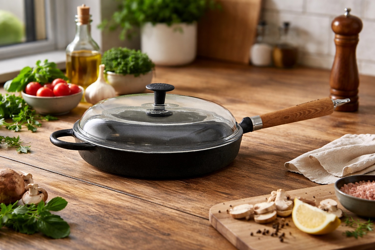 Ronneby Bruk Bratpfanne »Maestro, hoch, Ø 28 cm, mit Glasdeckel, Holzgriff & Gegengriff« Gusseisen 1 tlg.