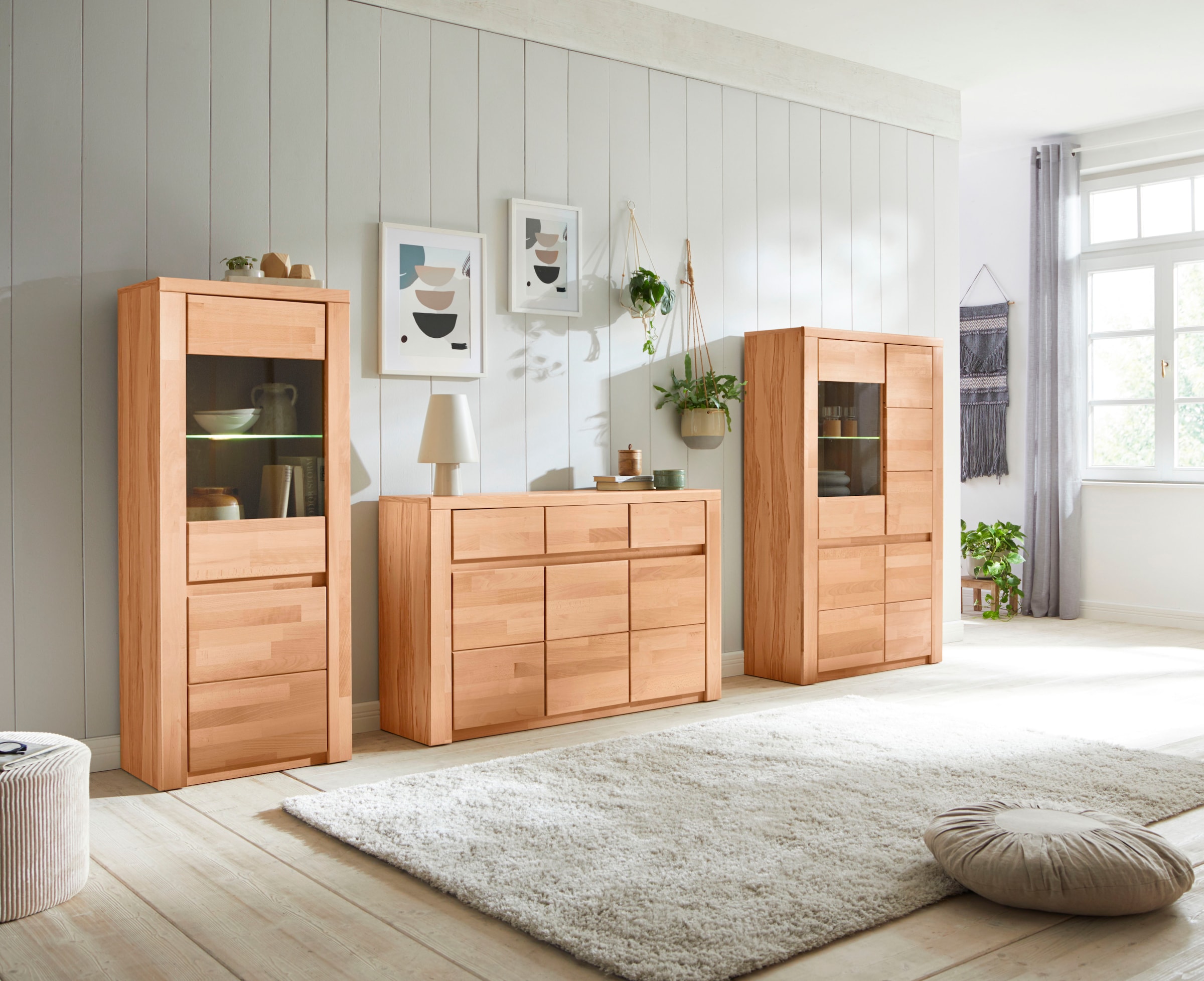 Home affaire Sideboard »Burano,127cm breit, Fronten Massivholz,3 Türen,3 Schubladen,6 Fächer«, Holz massiv,Holzwerkstoff,Griffmulden,Böden variabel einsetzbar