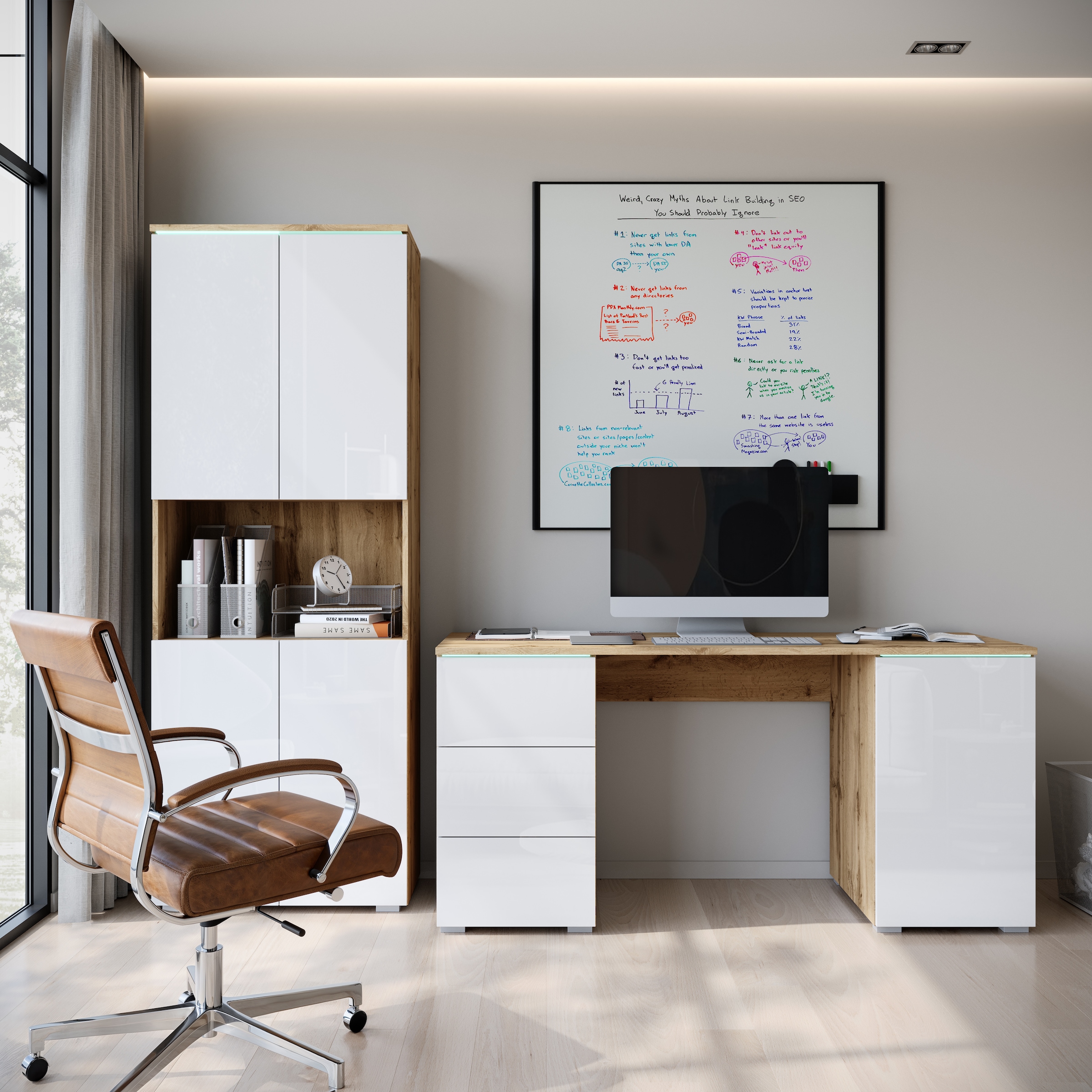 INOSIGN Schreibtisch »Vera«, (1 St.), Bürotisch mit LED, Push-to-Open, 3 Schubladen & Stauraum