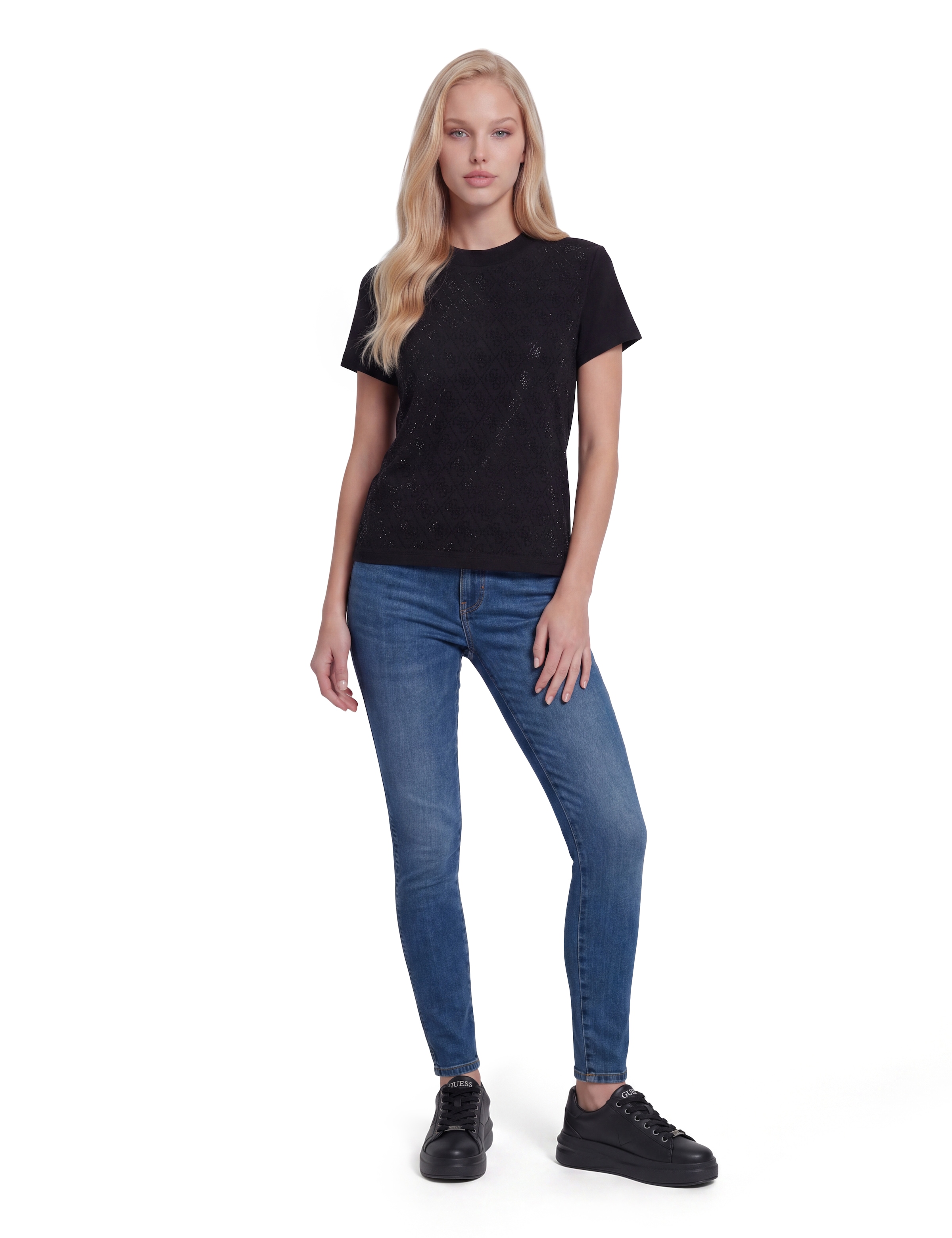 Guess T-Shirt »SS MOCK NECK ALL OVER 4G TEE« mit Strassbesatz, Slim Fit