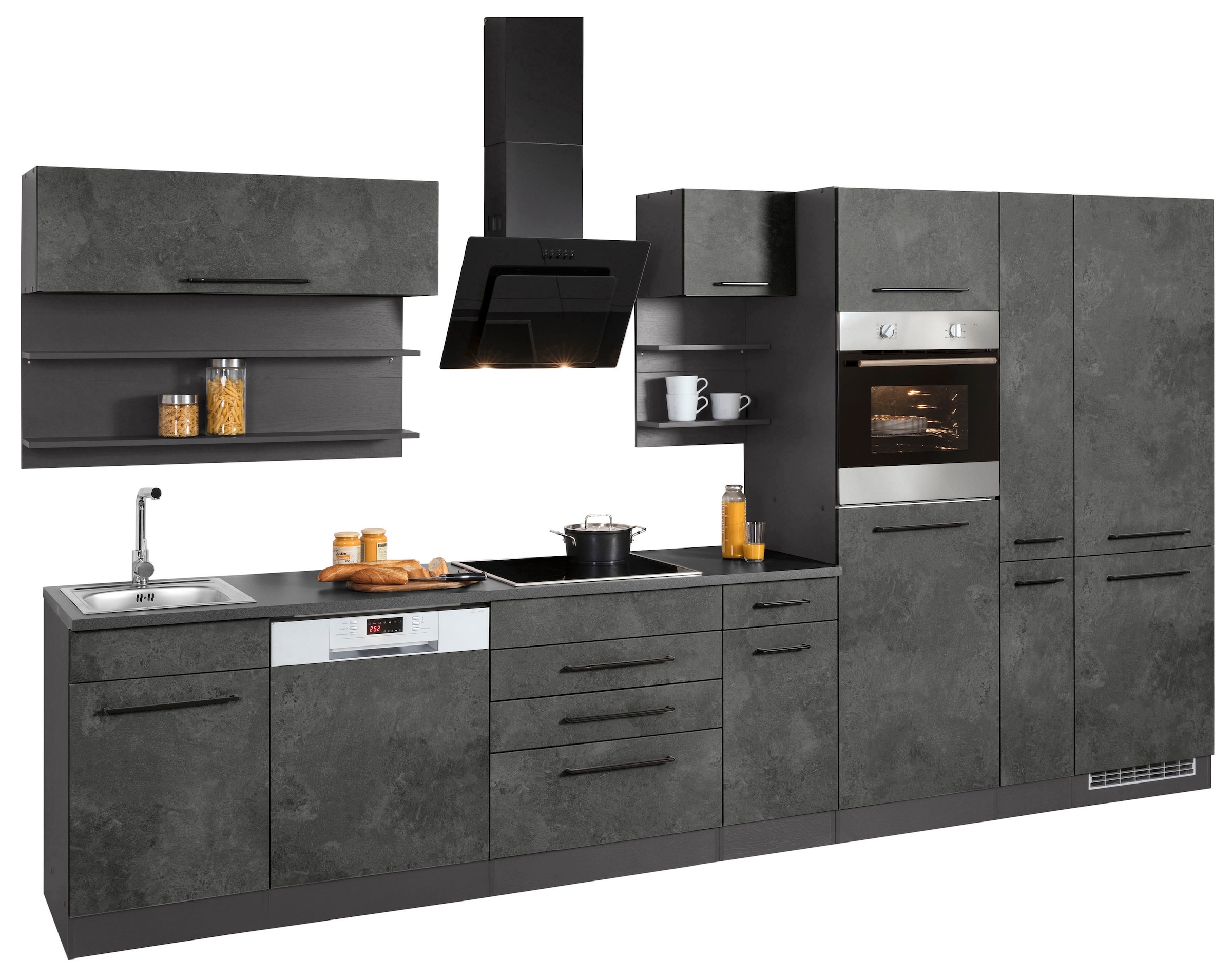 KOCHSTATION Küchenzeile »KS-Tulsa«, ohne E-Geräte, Breite 360 cm, schwarze Metallgriffe, MDF Fronten