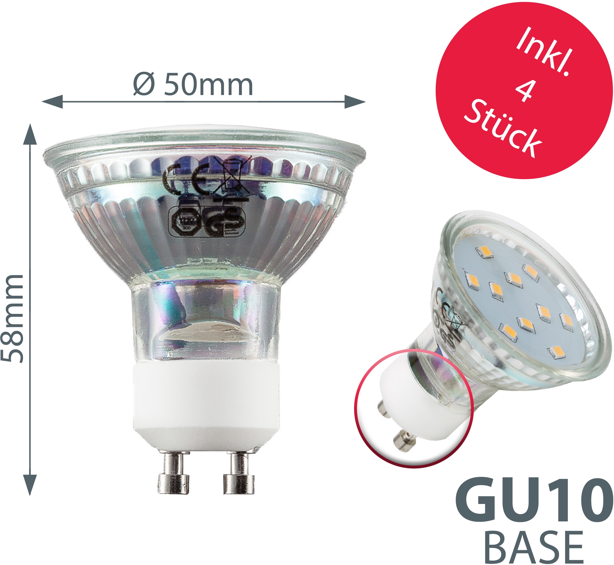 GU10, 250lm auf kaufen flammig-flammig, Deckenstrahler, 4 Rechnung Metall, Strahler, LED B.K.Licht Glas, 3W rund, inkl. Deckenleuchte, LED