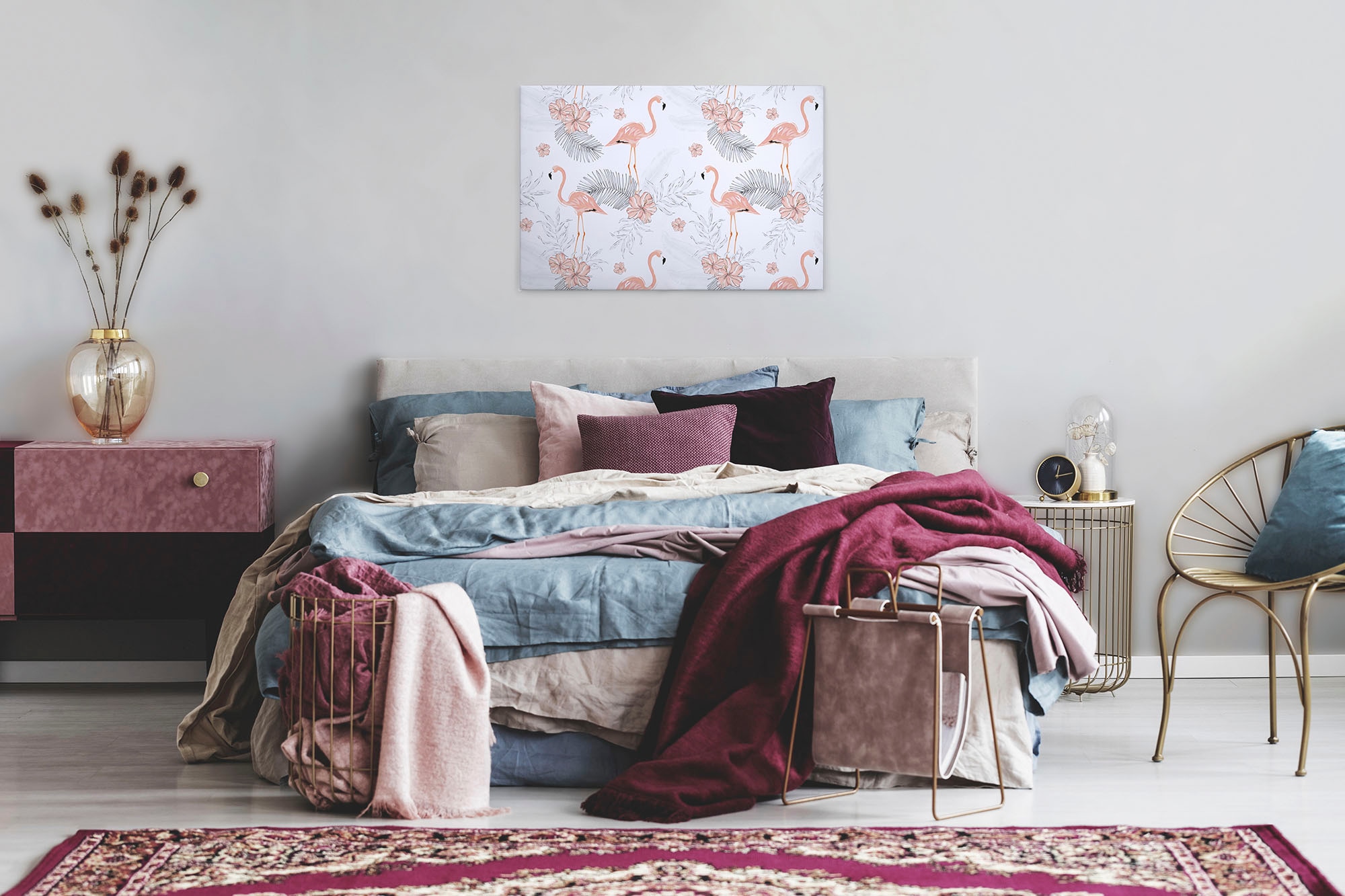 A.S. Création Leinwandbild »Tropical Vibes«, Kunst-Blumen-Kinder, (1 St.), Palmenblätter Flamingo Keilrahmen Leinwand-Bild Wohnzimmer modern Wand