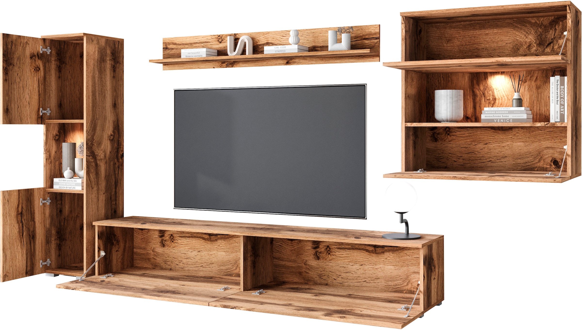 INOSIGN Wohnwand »PARIS, Vitrine Türanschlag links/rechts wechselbar«, (Komplett-Set, 4 St.), grifflose Design, stehend und hängend montierbar
