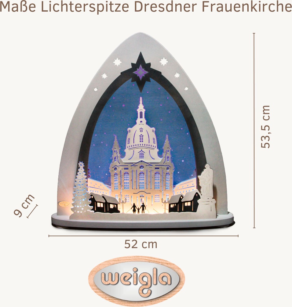 Weigla Lichterbogen »Dresdner Frauenkirche, moderne LED Lichterspitze aus Holz & Acrylglas«, Erzgebirge garantiert, Weihnachtsdeko Innen, Weihnachtsbeleuchtung