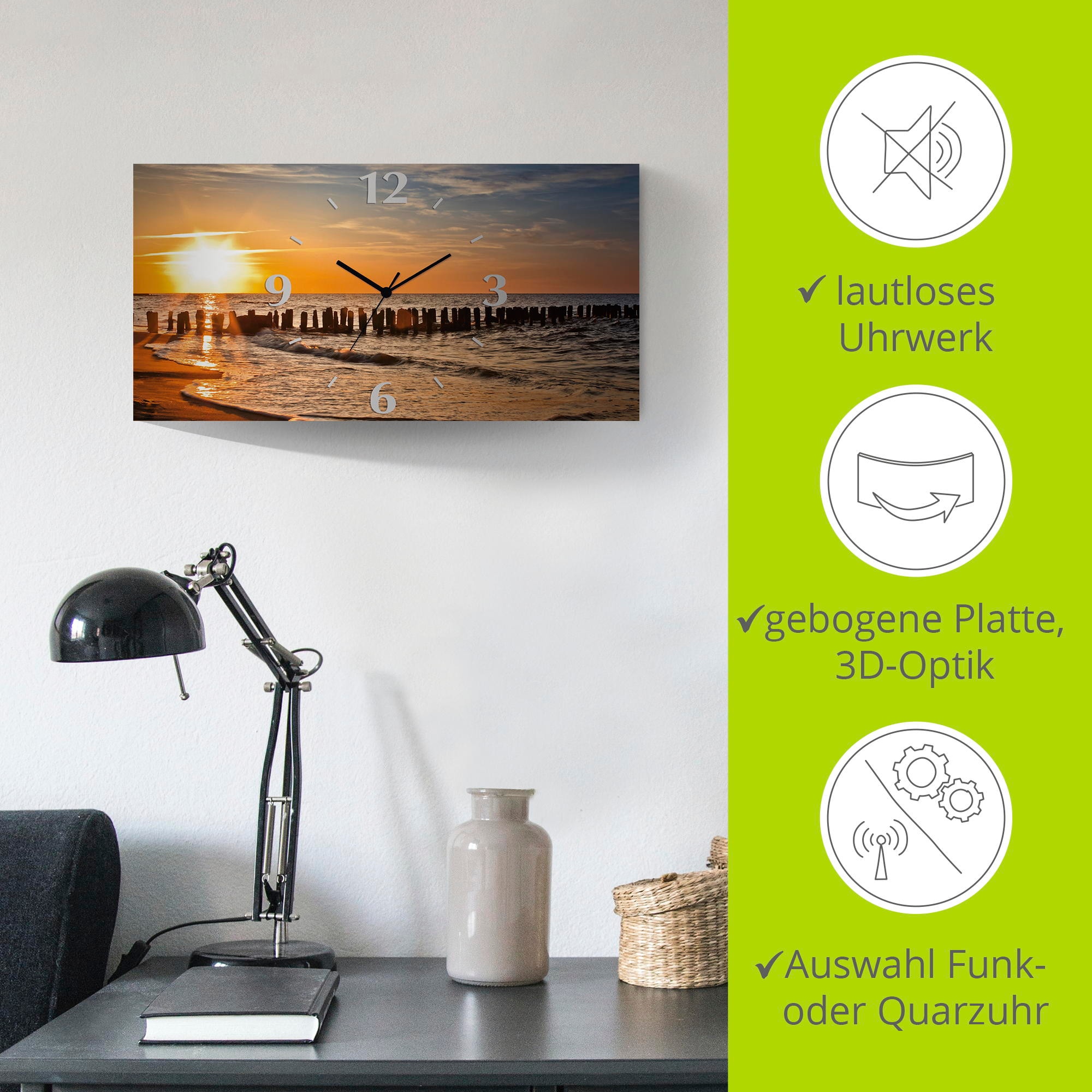 Artland Wanduhr »Schöner Sonnenuntergang am Strand«, 3D Optik gebogen, mit Quarz- oder Funkuhrwerk, versch. Größen