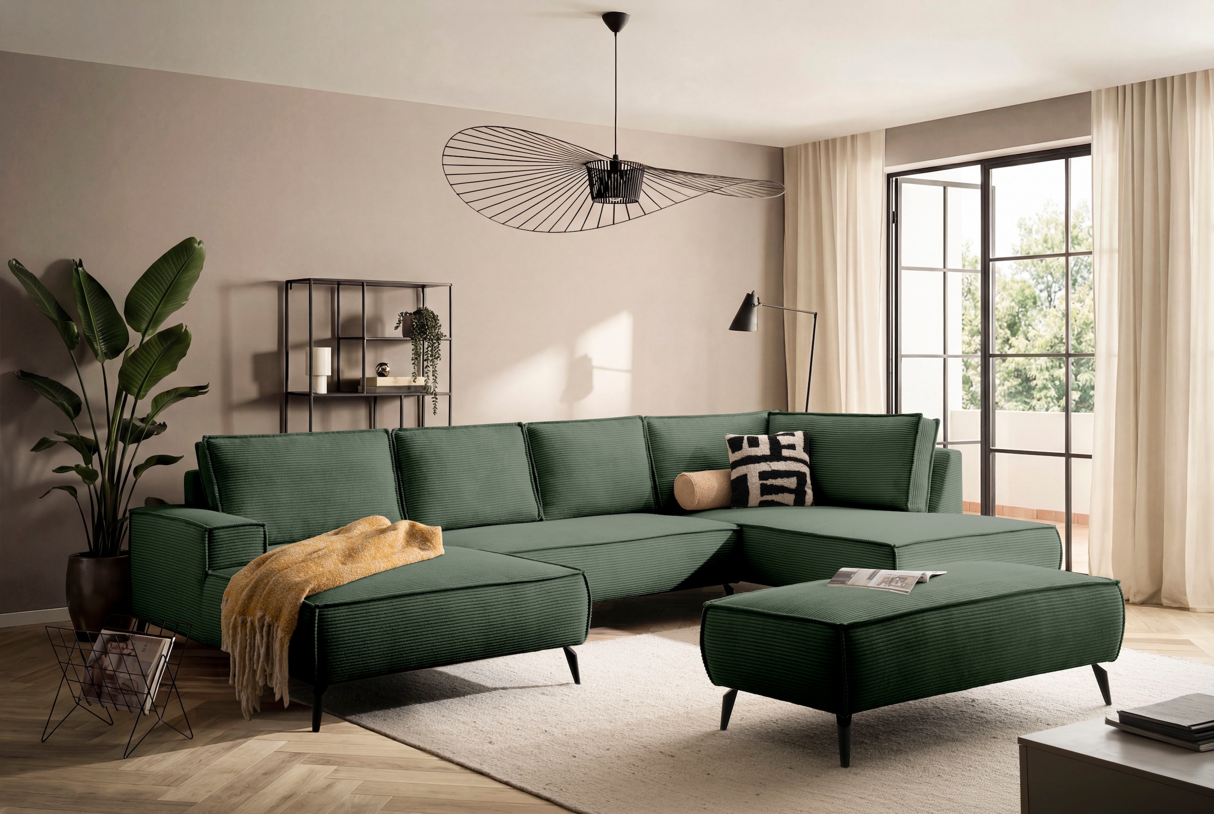 Home affaire Wohnlandschaft »Tvinnu, moderne U-Form, Couch in Cord oder Webstoff in Leinenoptik« Recamiere rechts/links, schwarze Metallfüße, bequeme Sitz-/Liegefläche