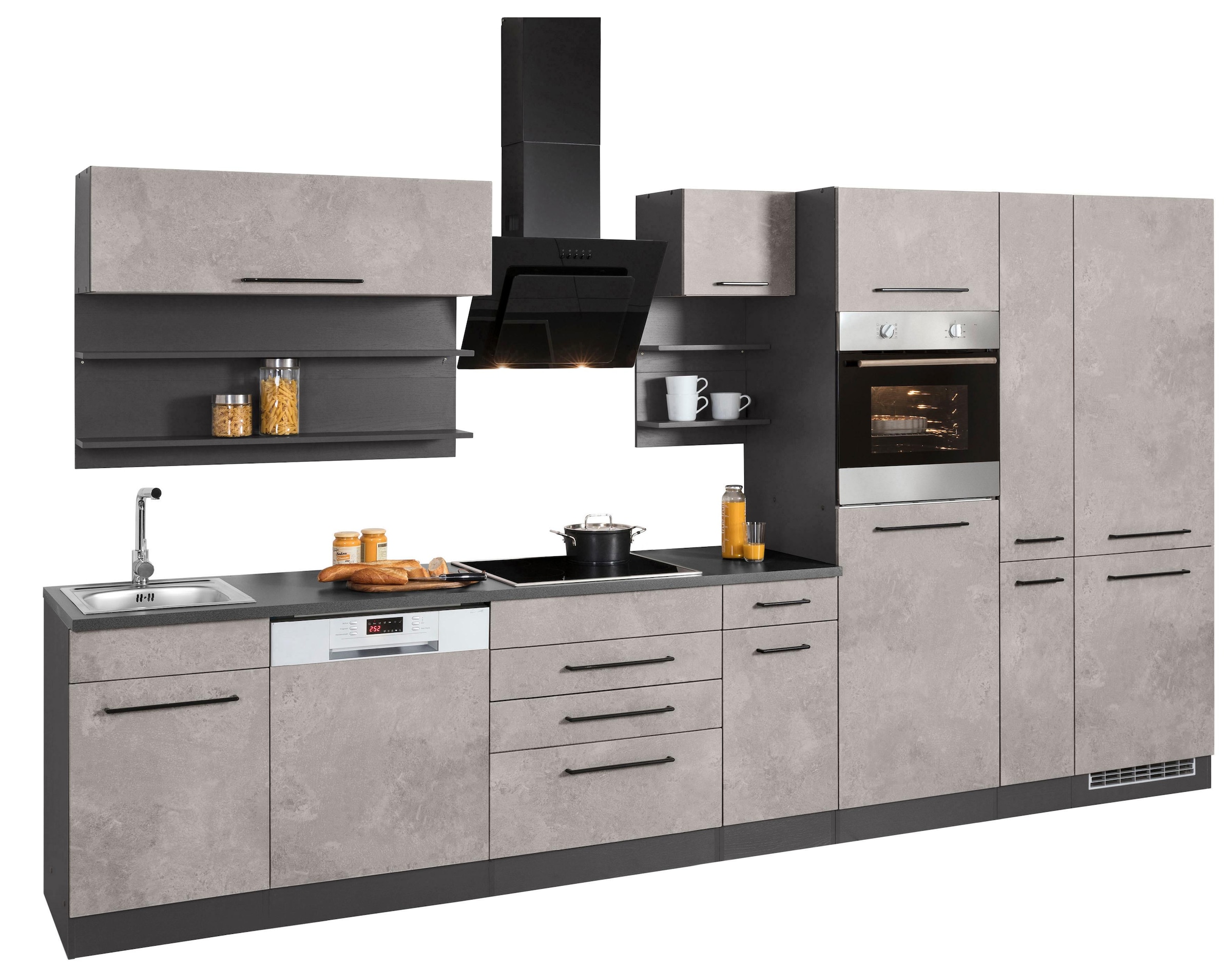 KOCHSTATION Küchenzeile »KS-Tulsa«, mit E-Geräten, Breite 360 cm, schwarze Metallgriffe, MDF Fronten