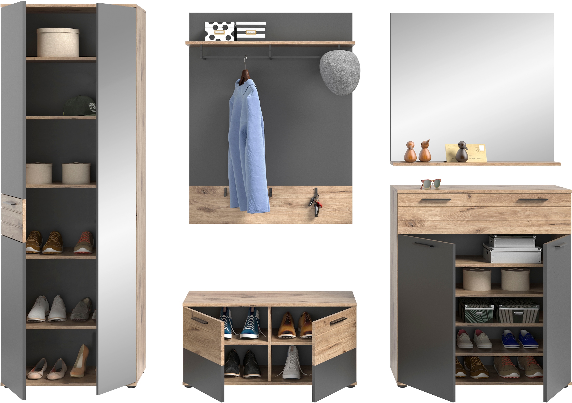 INOSIGN Garderoben-Set »Riga, Breite 280 cm, hochwertige Rillenfräsung, 5-teilig, best. aus:«, (Set, 5 St.), Garderobenschrank, Sitzbank, Paneel, Garderobenspiegel, Schuhkommode