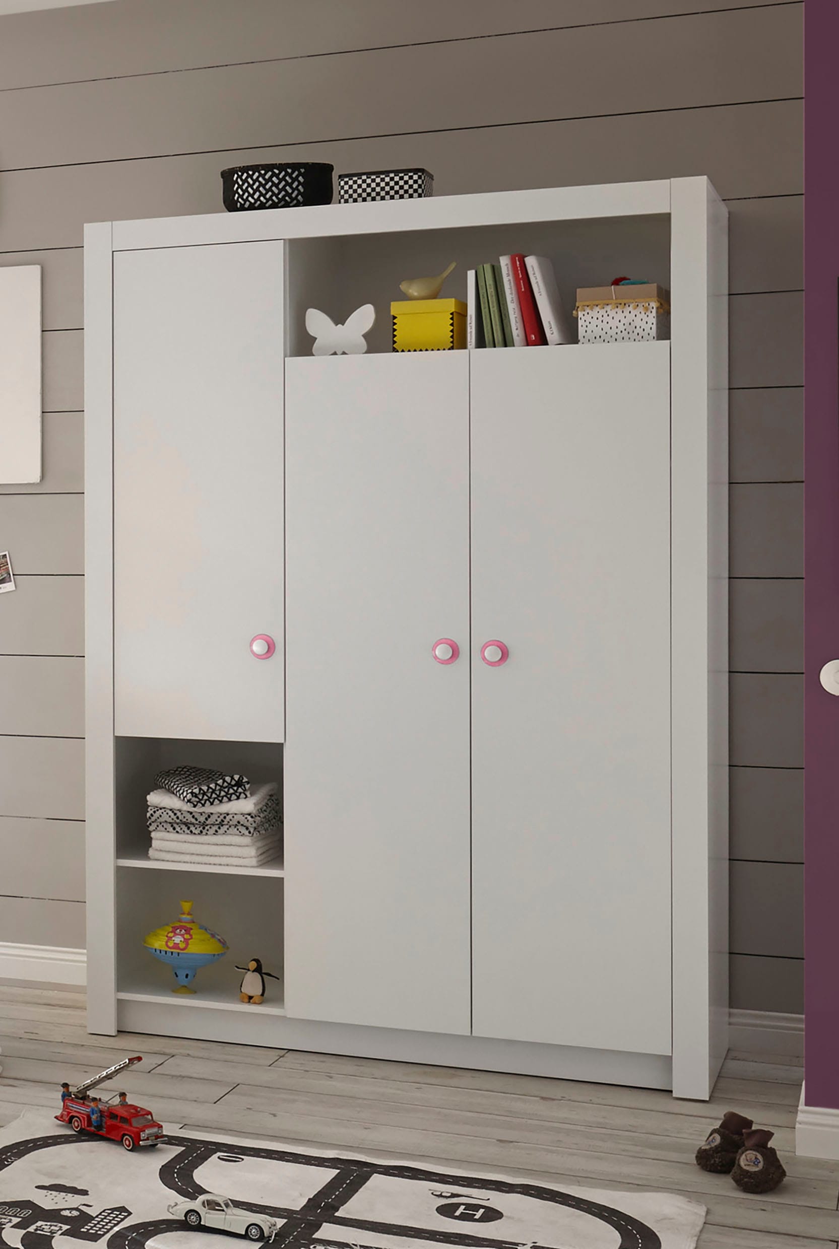 Begabino Drehtürenschrank »Paula Kinderzimmerschrank Kleiderschrank«, 3-trg. Weiß, Schrank mit offenen Fächer