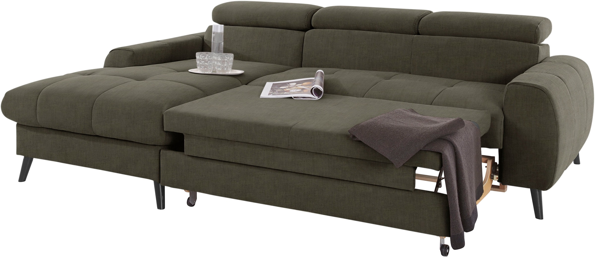 COTTA Ecksofa »Mia L-Form mit 3 Zierkissen«, wahlweise mit Bettfunktion, Bettkasten, Beleuchtung & Wireless-Charger