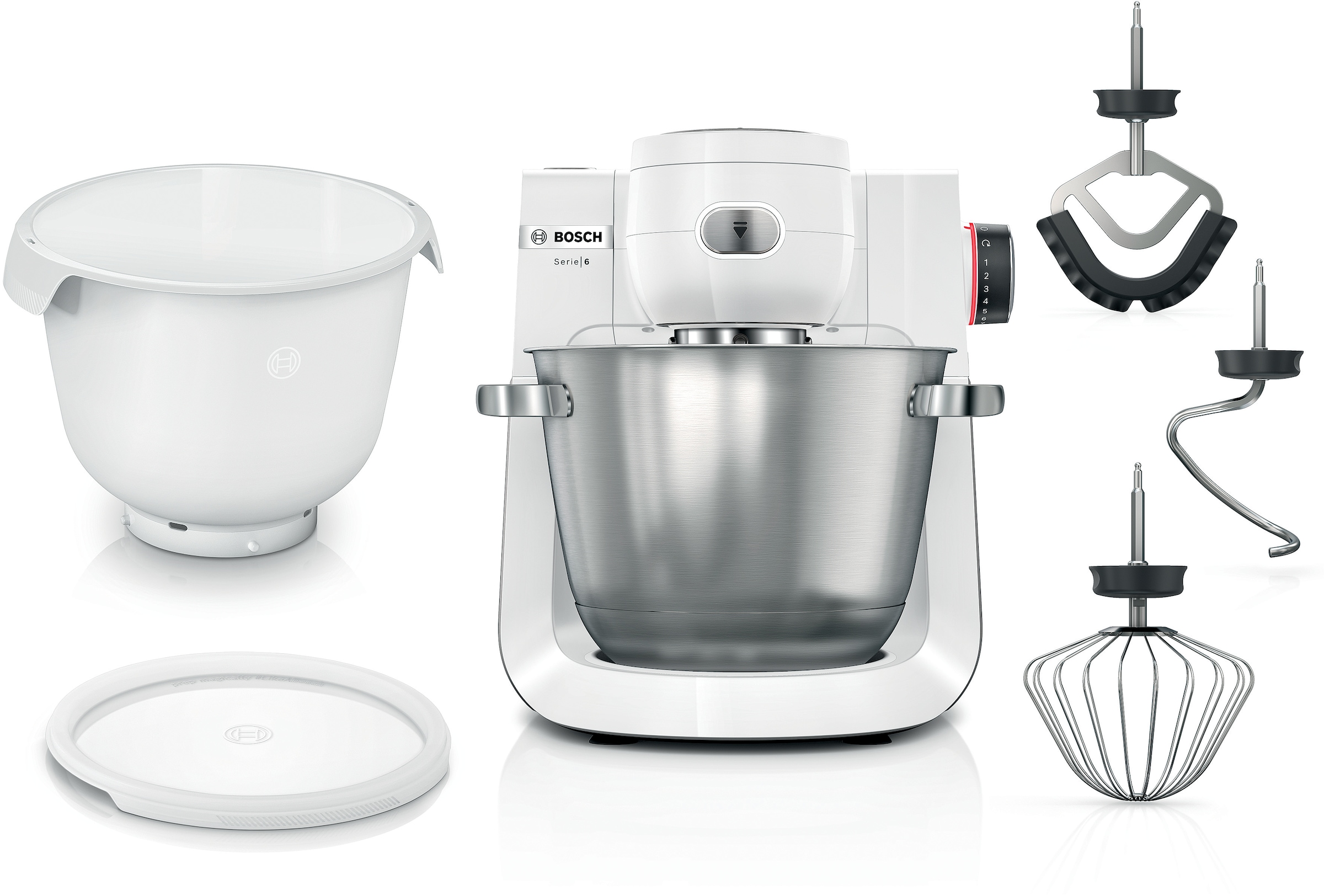 BOSCH Küchenmaschine »Serie 6 MUMS6EW18, 2 Schüsseln (Edelstahl, Kunststoff), Deckel, weiß«, 7 Stufen, Knethaken/Rühr-/Silikonbesen, spülm.fest, Schüssel BPA-frei