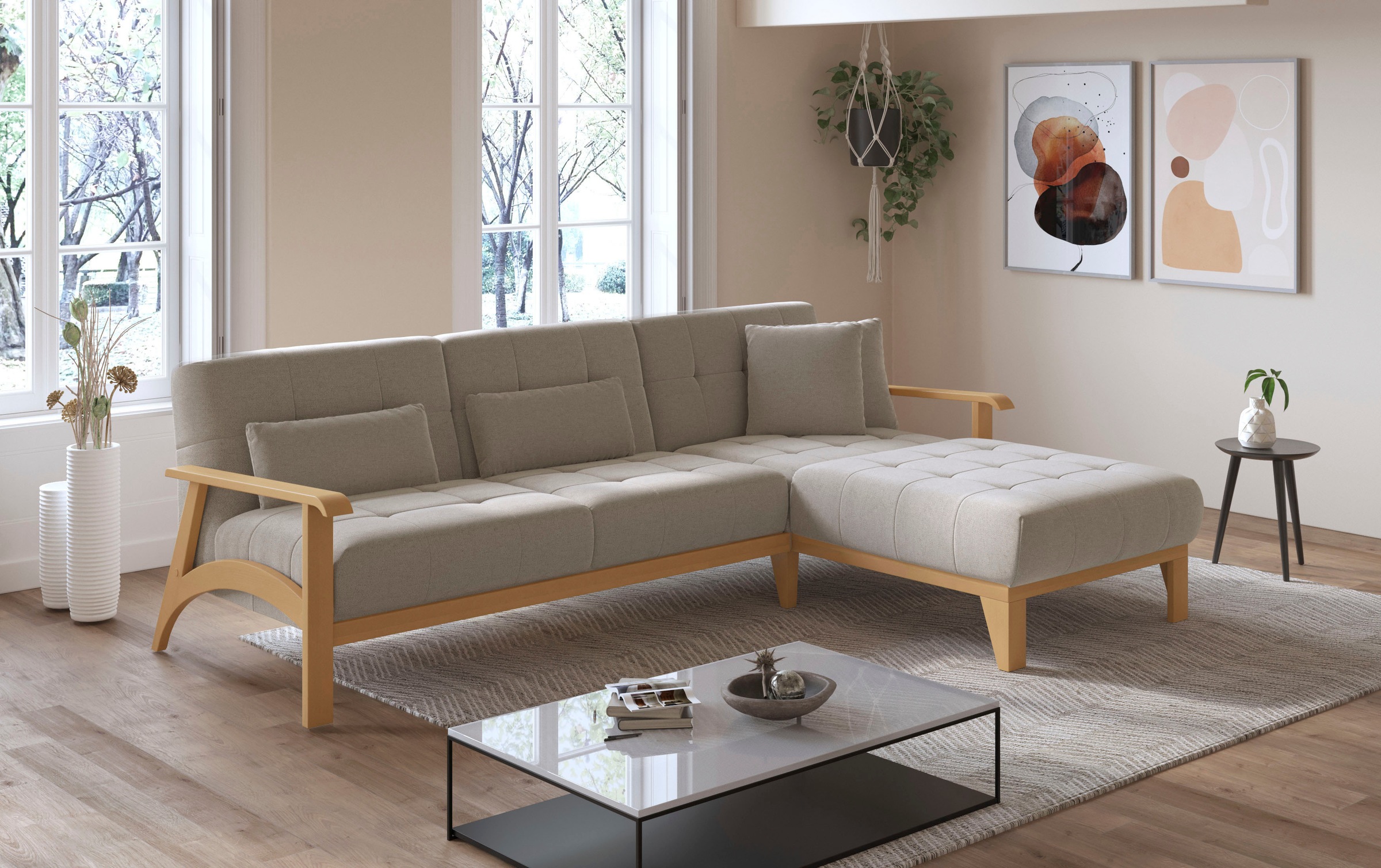 sit&more Ecksofa »Billund L-Form«, Armlehnen aus eichefarbigem Buchenholz, verschiedene Bezüge und Farben