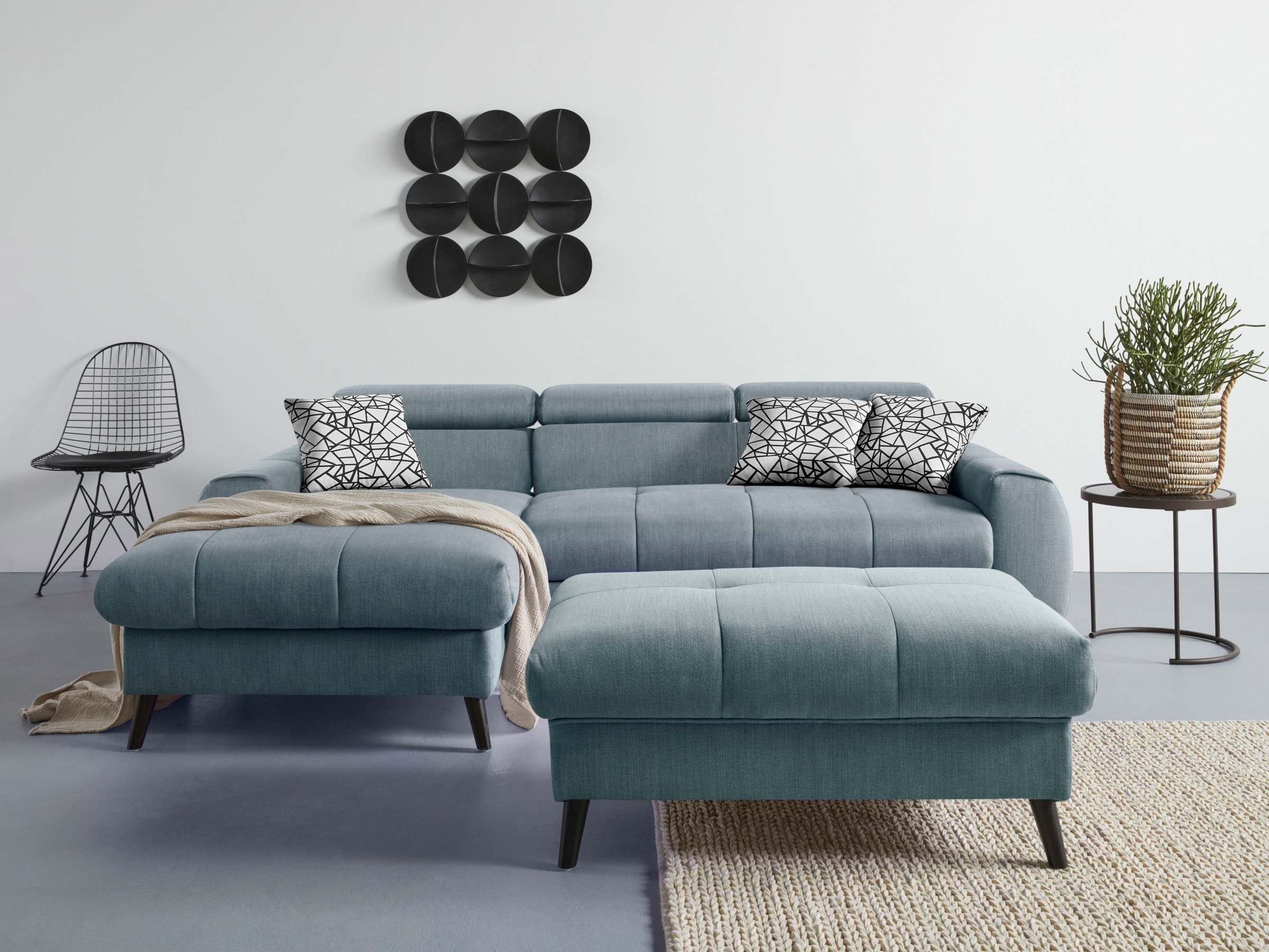 COTTA Ecksofa »Mia L-Form mit 3 Zierkissen«, wahlweise mit Bettfunktion, Bettkasten, Beleuchtung & Wireless-Charger