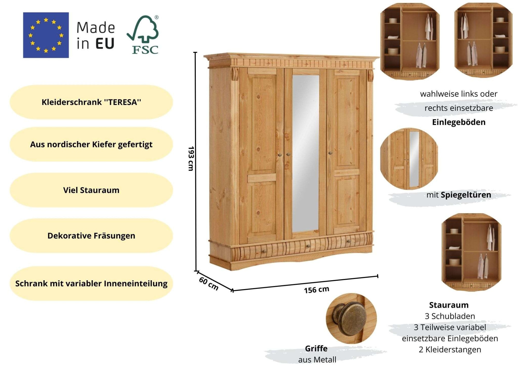 OTTO home Kleiderschrank »Teresa« 3 Türen, aus massiver Kiefer, Breite 152 cm, mit Spiegel, FSC®