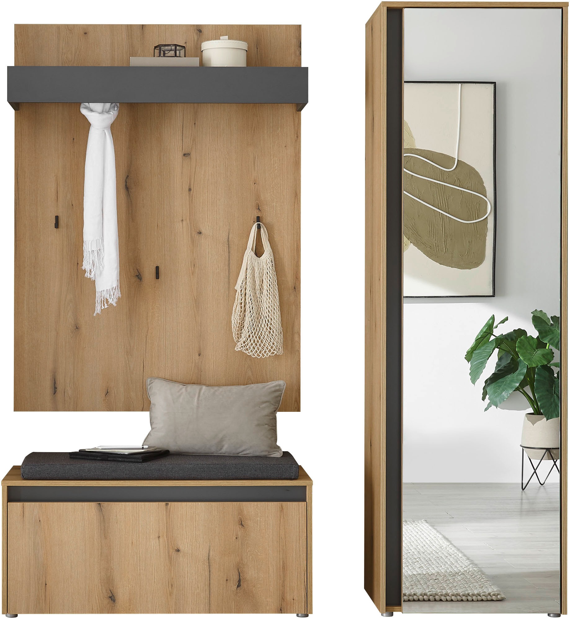 INOSIGN Garderoben-Set »GIRON/CiTY, moderne Garderobe, Komplettset mit viel Stauraum«, (Komplett-Set, 3 St.), enthält Garderobenschrank, Paneel, Schuhbank inkl. Sitzkissen