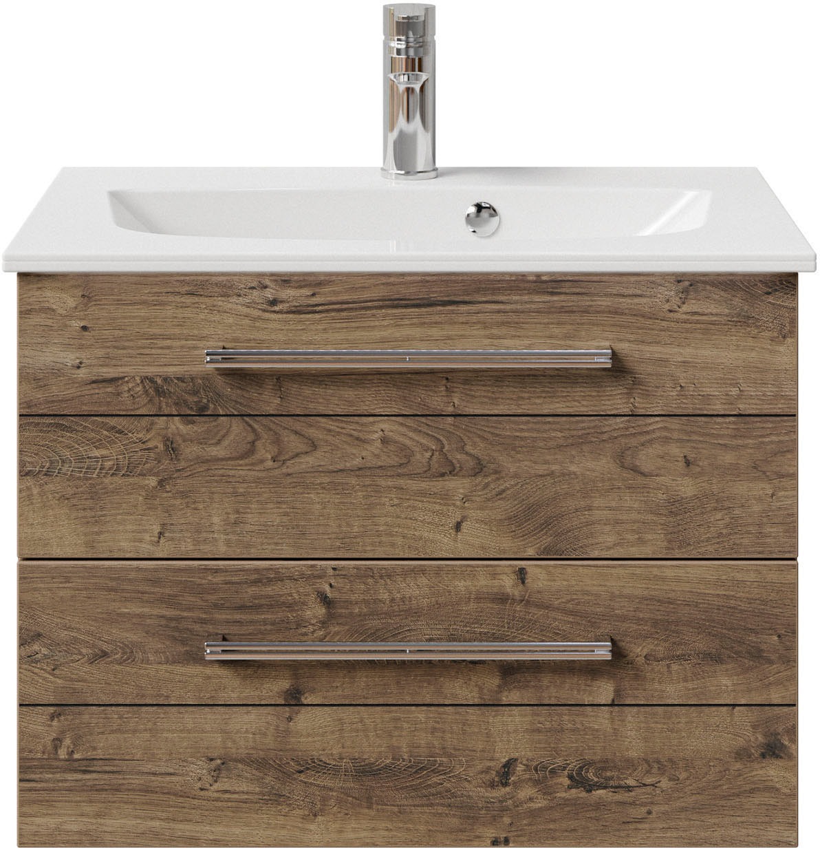 Saphir Badmöbel-Set »Serie 6025 2-teilig Mineralmarmor-Waschtisch mit LED-Spiegelschrank«, (2 St.), Waschplatz 67 cm breit, 2 Schubladen, 2 Spiegel-Türen, inkl Türdämpfer