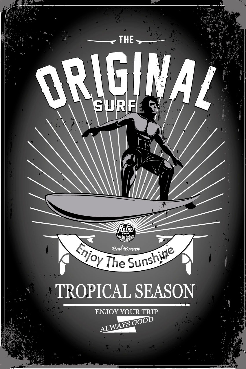 queence Metallbild »Original Surf«, Schriftzüge-Schriftzug-Schwarz-Weiß, (1 St.), Stahlschilder
