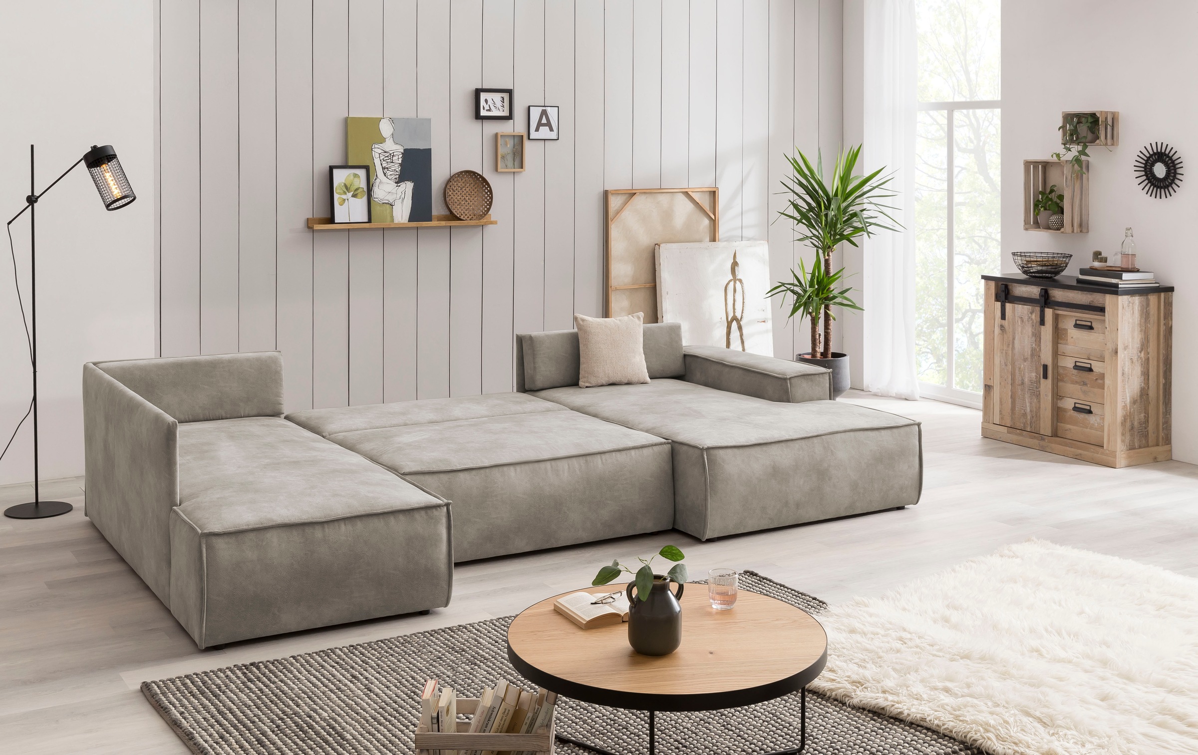 Home affaire Wohnlandschaft »SHERWOOD 329 cm, U-Form, Schlafsofa,«, Schlaffunktion m. Bettkasten (194x139 cm), Cord, Vintage, Samtvelours